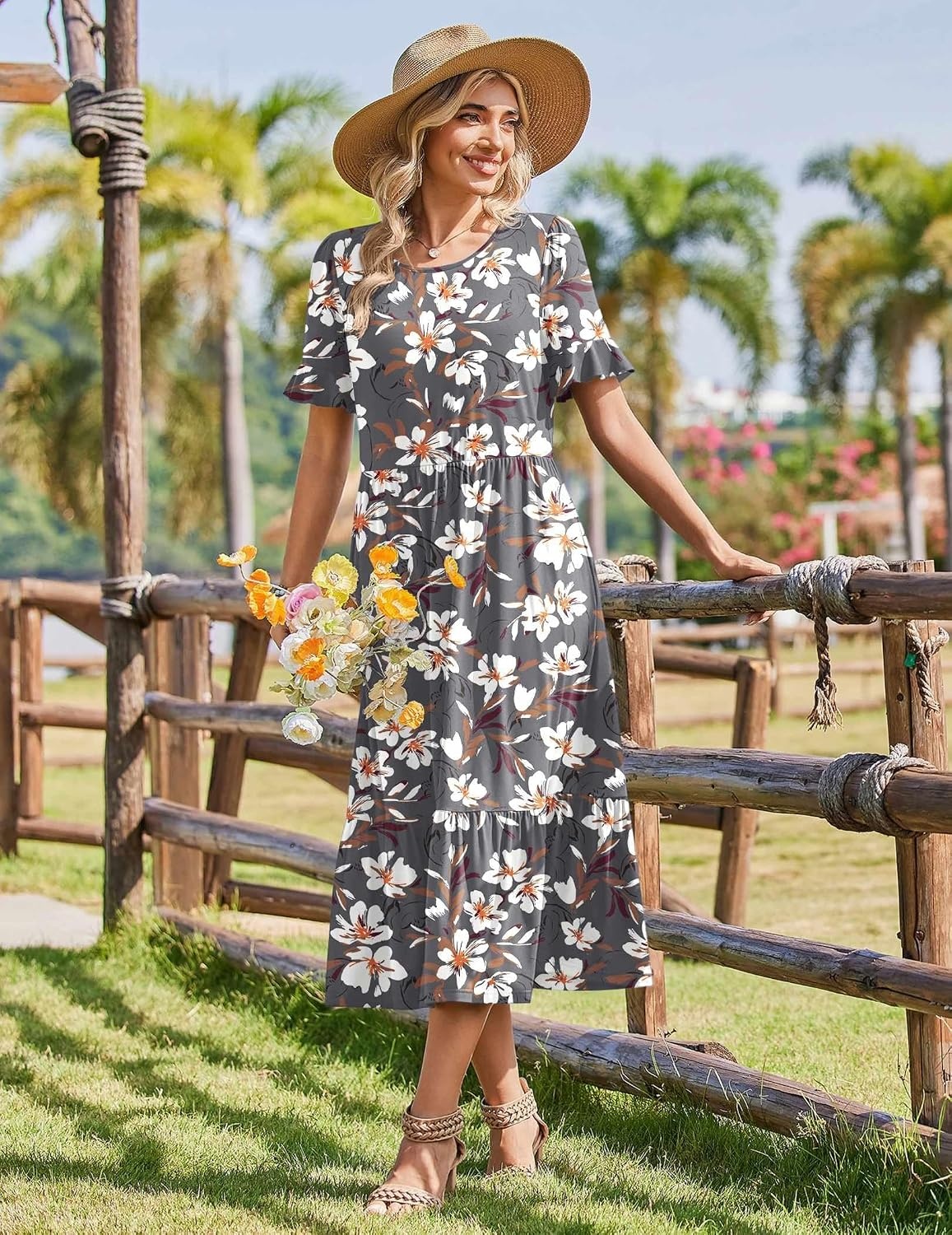 image:imageZeagoo Womens Summer Dresses 2026 Casual Midi Dress Flowy Sundress Ruffle Short Sleeve Tiered Dresses A Line Boho DressGrey Flower