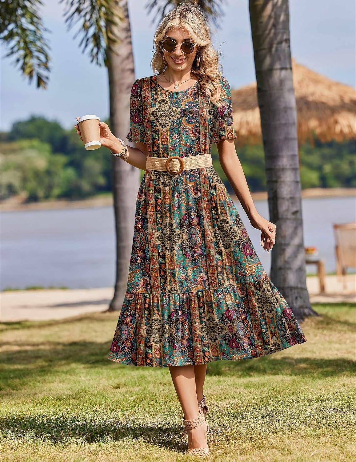 image:imageZeagoo Womens Summer Dresses 2026 Casual Midi Dress Flowy Sundress Ruffle Short Sleeve Tiered Dresses A Line Boho DressHot Chic Printed