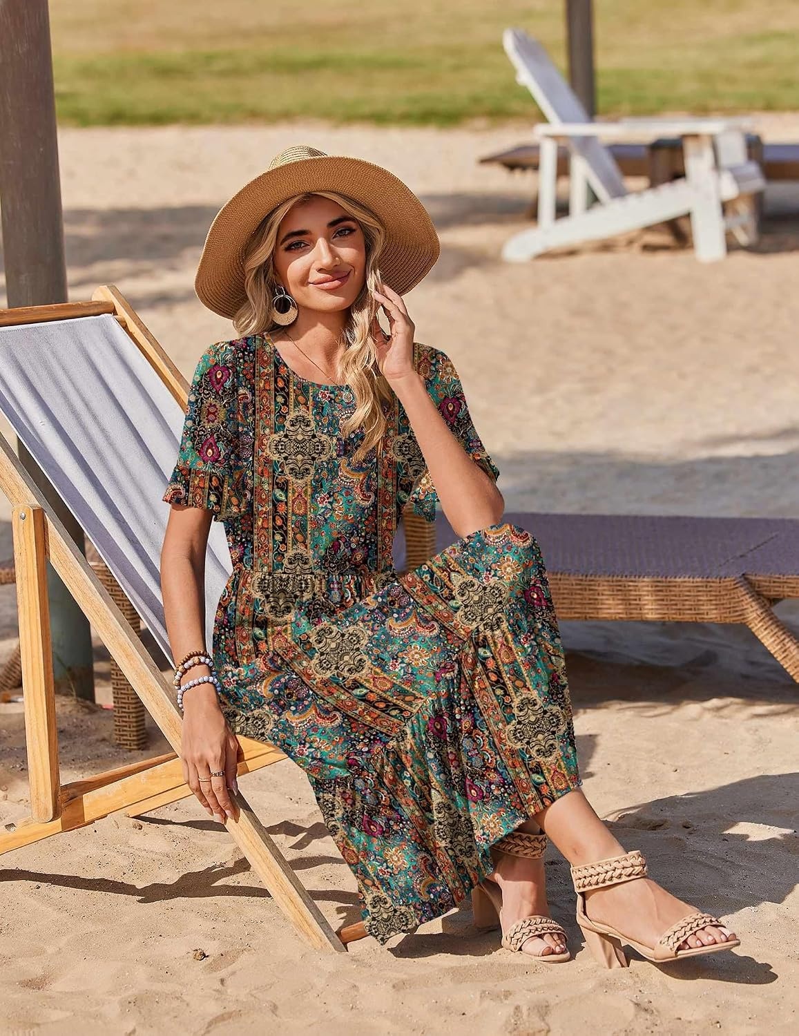 image:imageZeagoo Womens Summer Dresses 2026 Casual Midi Dress Flowy Sundress Ruffle Short Sleeve Tiered Dresses A Line Boho DressHot Chic Printed