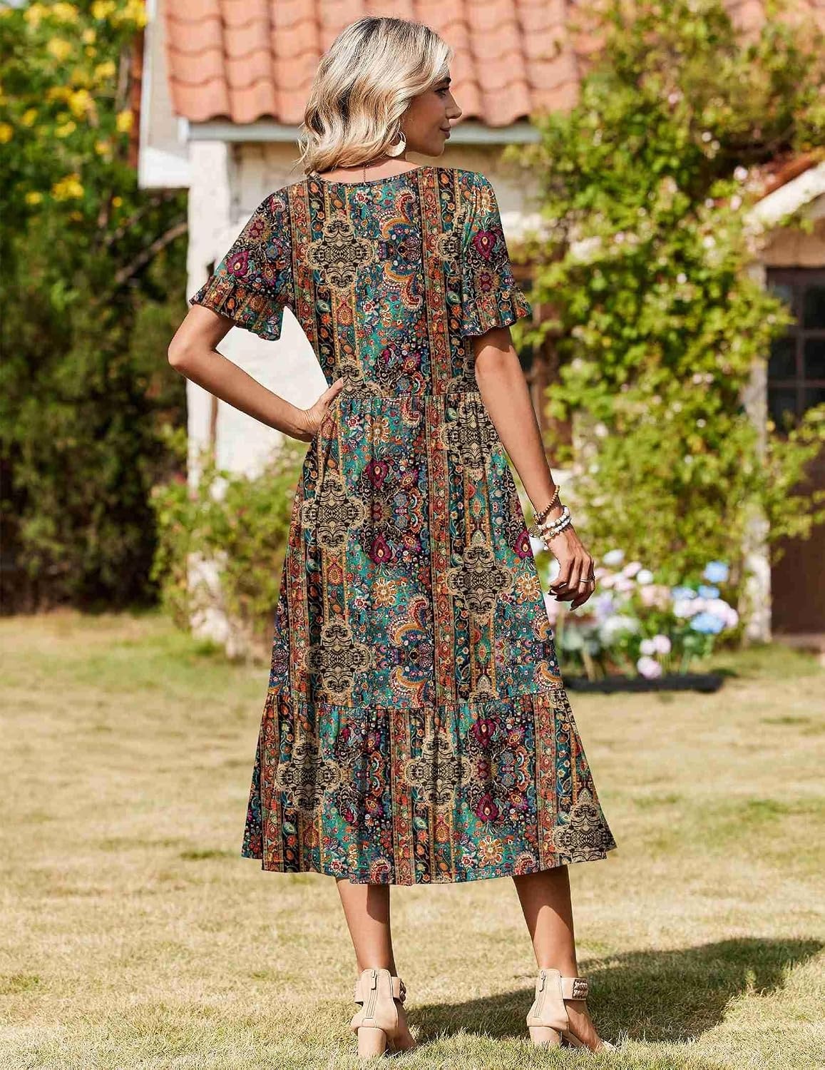 image:imageZeagoo Womens Summer Dresses 2026 Casual Midi Dress Flowy Sundress Ruffle Short Sleeve Tiered Dresses A Line Boho DressHot Chic Printed