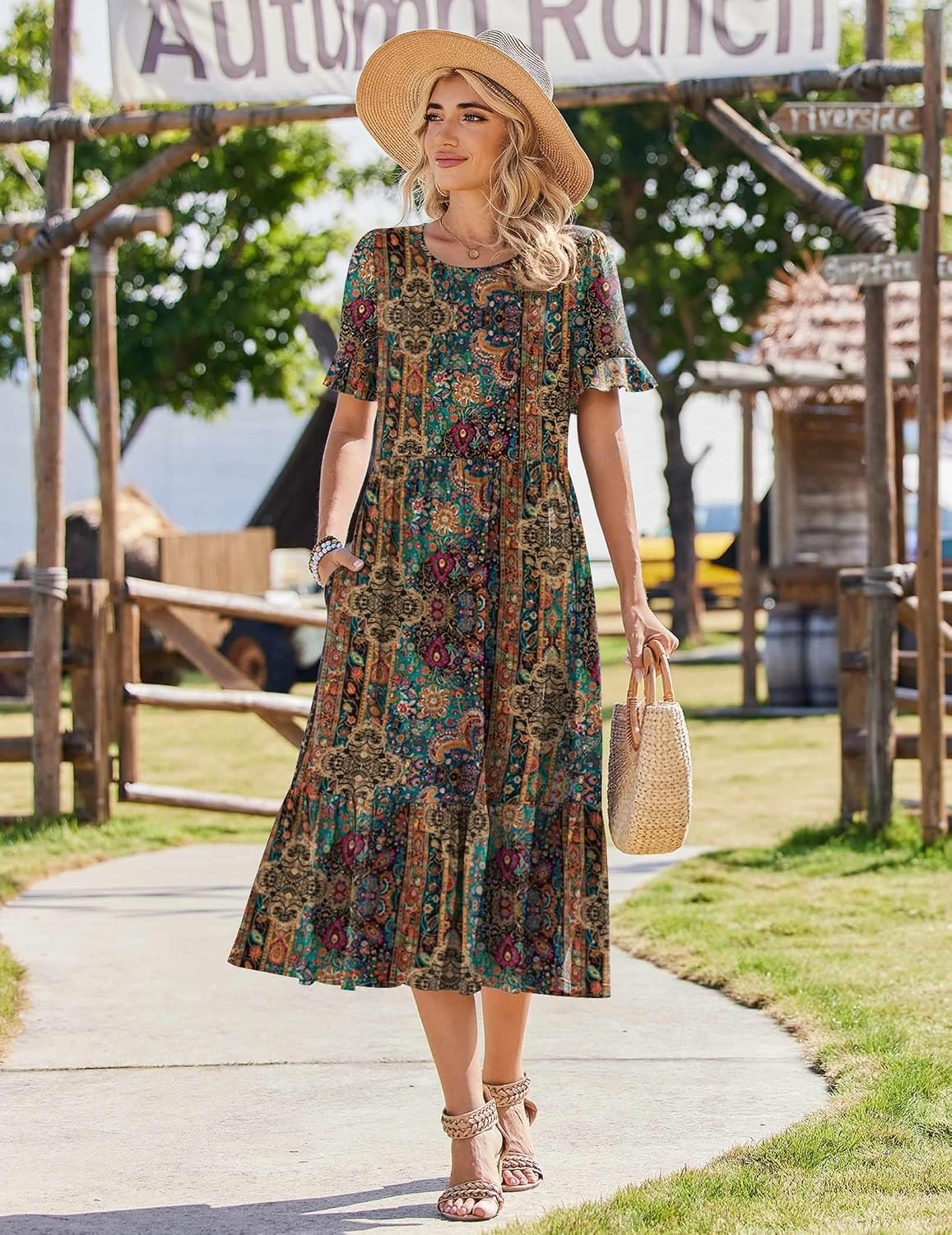 image:imageZeagoo Womens Summer Dresses 2026 Casual Midi Dress Flowy Sundress Ruffle Short Sleeve Tiered Dresses A Line Boho DressHot Chic Printed