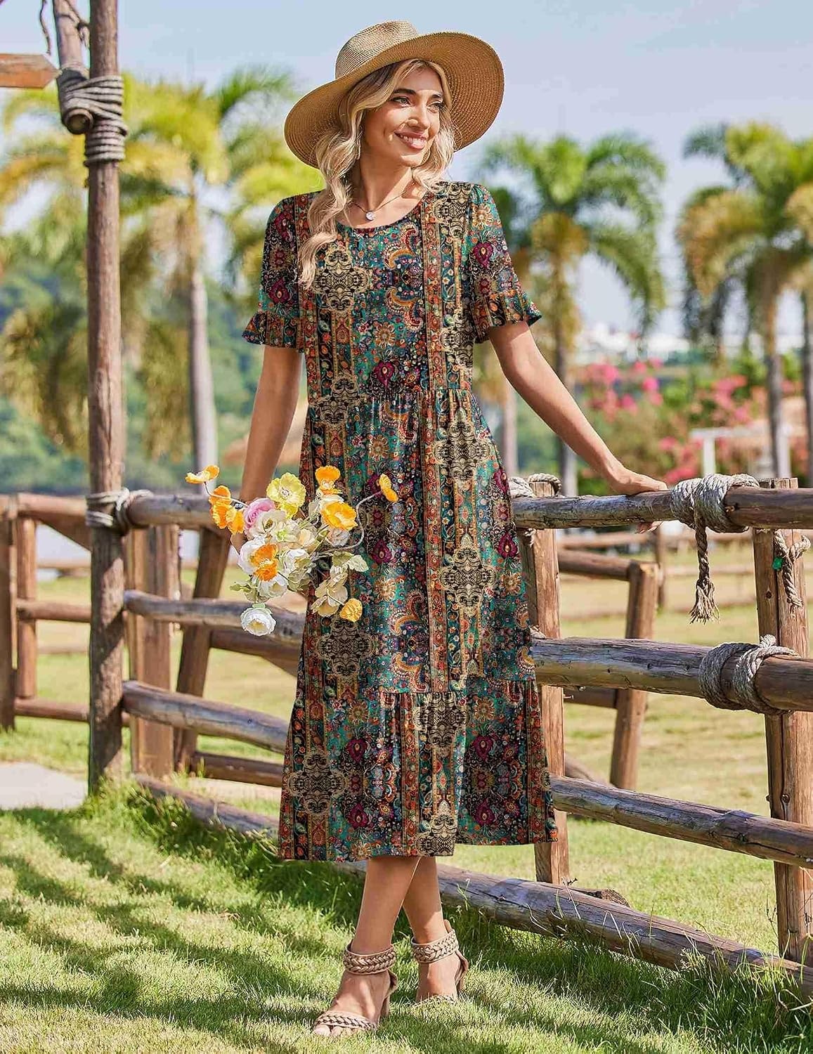 image:imageZeagoo Womens Summer Dresses 2026 Casual Midi Dress Flowy Sundress Ruffle Short Sleeve Tiered Dresses A Line Boho DressHot Chic Printed