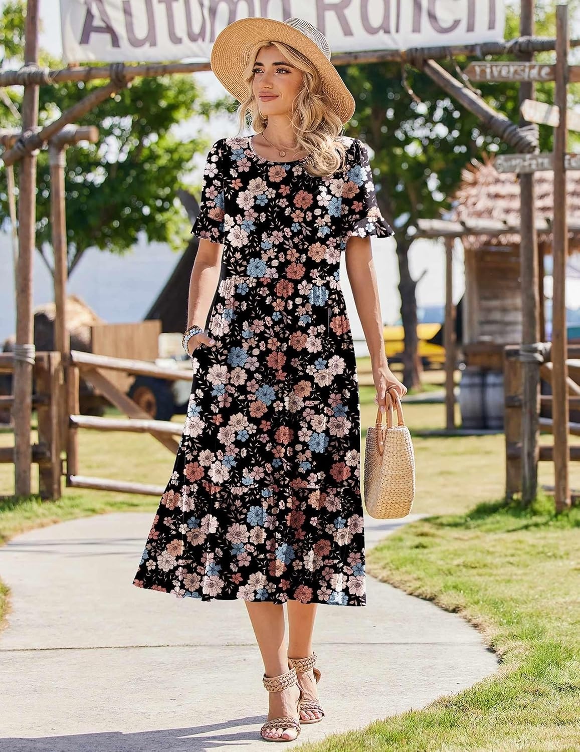 image:imageZeagoo Womens Summer Dresses 2026 Casual Midi Dress Flowy Sundress Ruffle Short Sleeve Tiered Dresses A Line Boho DressMixed Flower