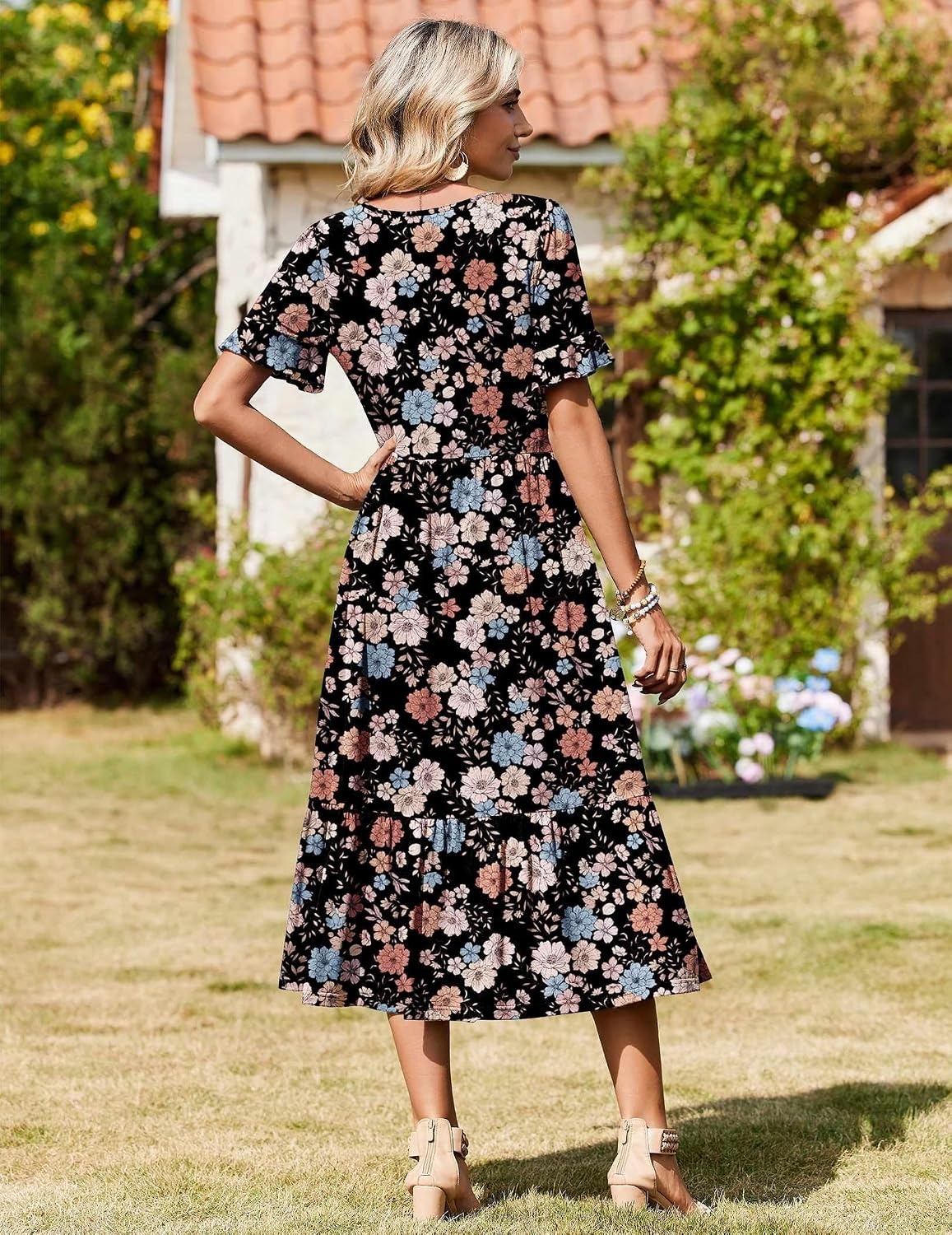 image:imageZeagoo Womens Summer Dresses 2026 Casual Midi Dress Flowy Sundress Ruffle Short Sleeve Tiered Dresses A Line Boho DressMixed Flower