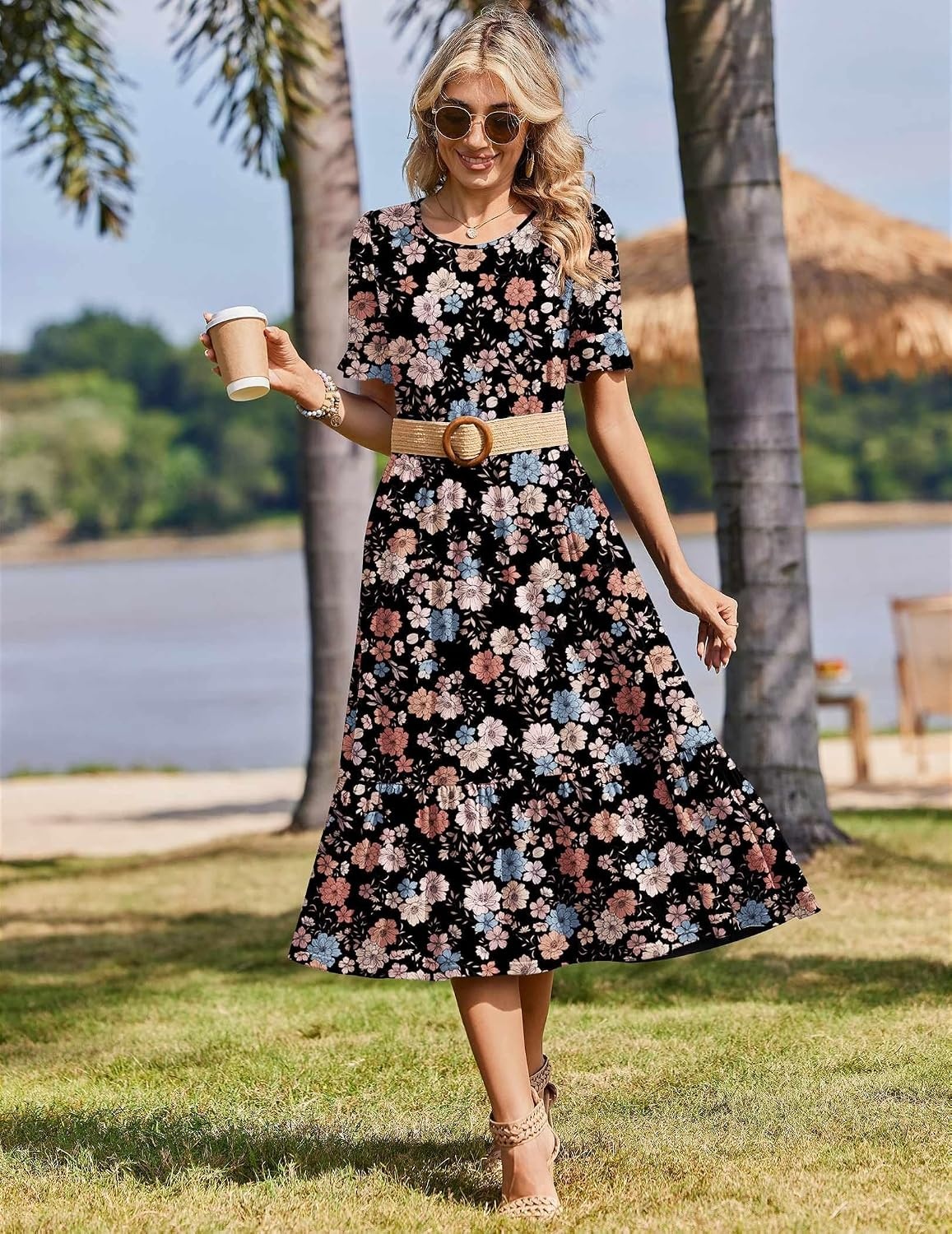 image:imageZeagoo Womens Summer Dresses 2026 Casual Midi Dress Flowy Sundress Ruffle Short Sleeve Tiered Dresses A Line Boho DressMixed Flower
