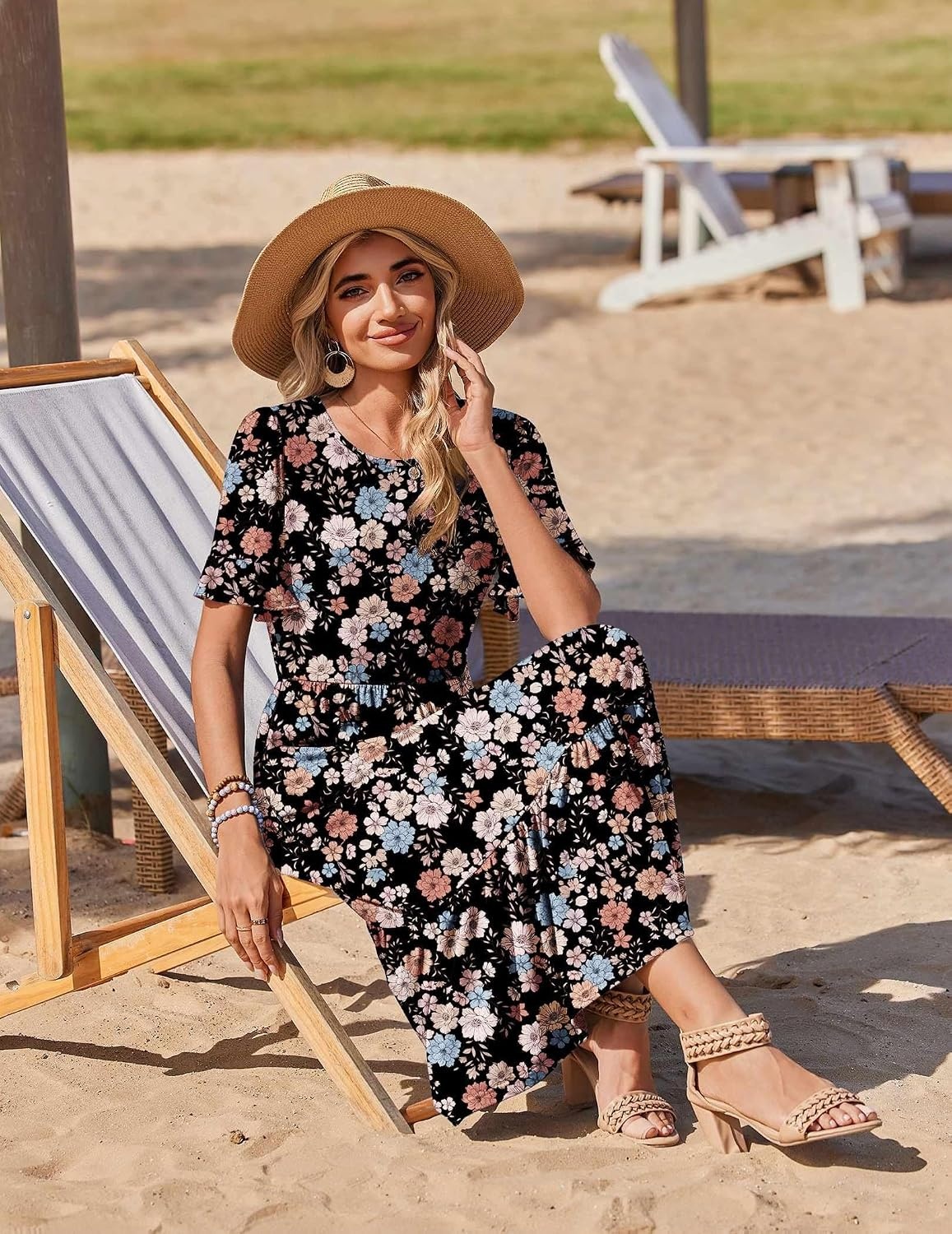 image:imageZeagoo Womens Summer Dresses 2026 Casual Midi Dress Flowy Sundress Ruffle Short Sleeve Tiered Dresses A Line Boho DressMixed Flower