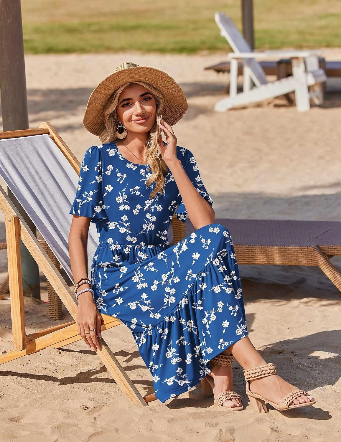 image:imageZeagoo Womens Summer Dresses 2026 Casual Midi Dress Flowy Sundress Ruffle Short Sleeve Tiered Dresses A Line Boho DressNavy Floral 02