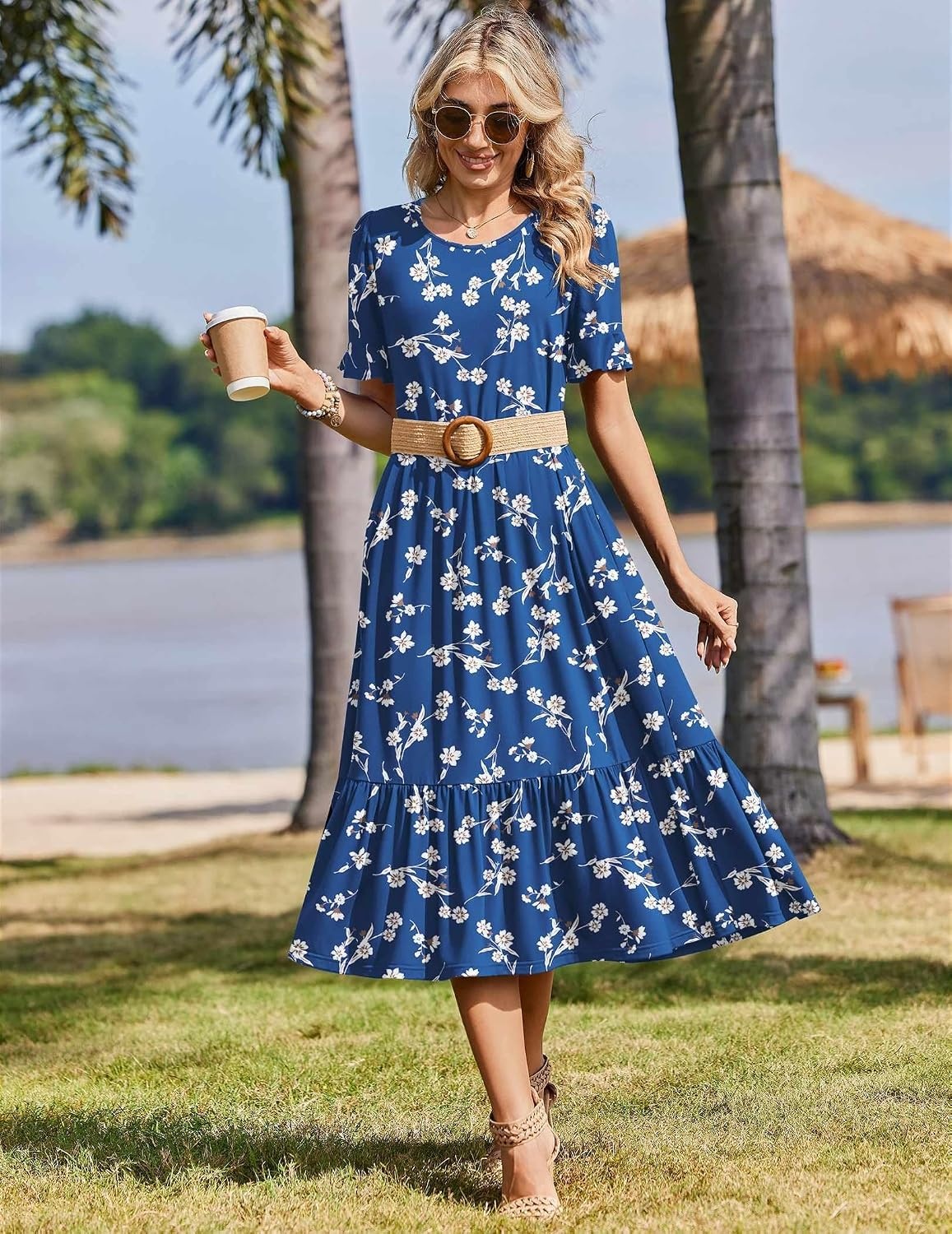 image:imageZeagoo Womens Summer Dresses 2026 Casual Midi Dress Flowy Sundress Ruffle Short Sleeve Tiered Dresses A Line Boho DressNavy Floral 02