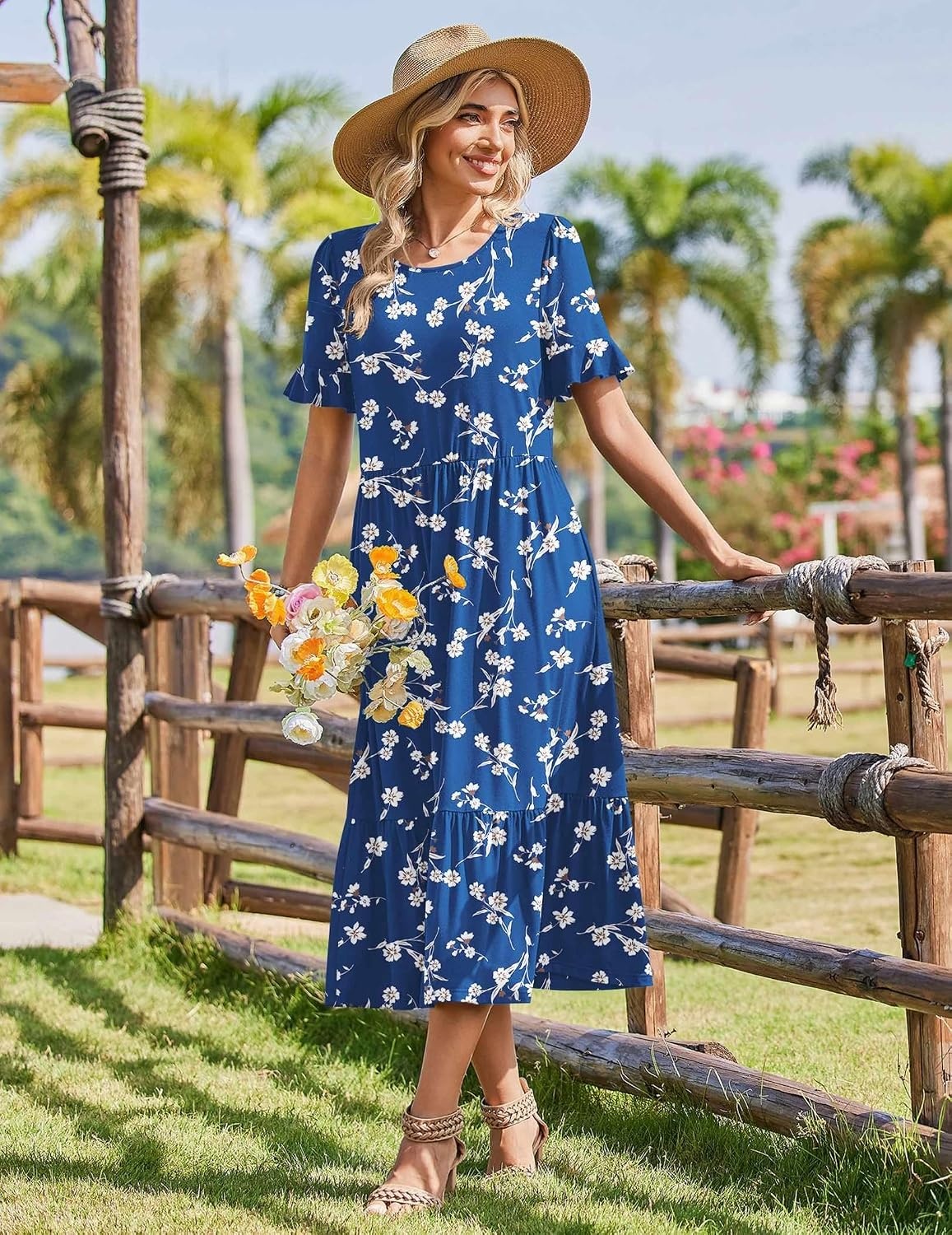 image:imageZeagoo Womens Summer Dresses 2026 Casual Midi Dress Flowy Sundress Ruffle Short Sleeve Tiered Dresses A Line Boho DressNavy Floral 02