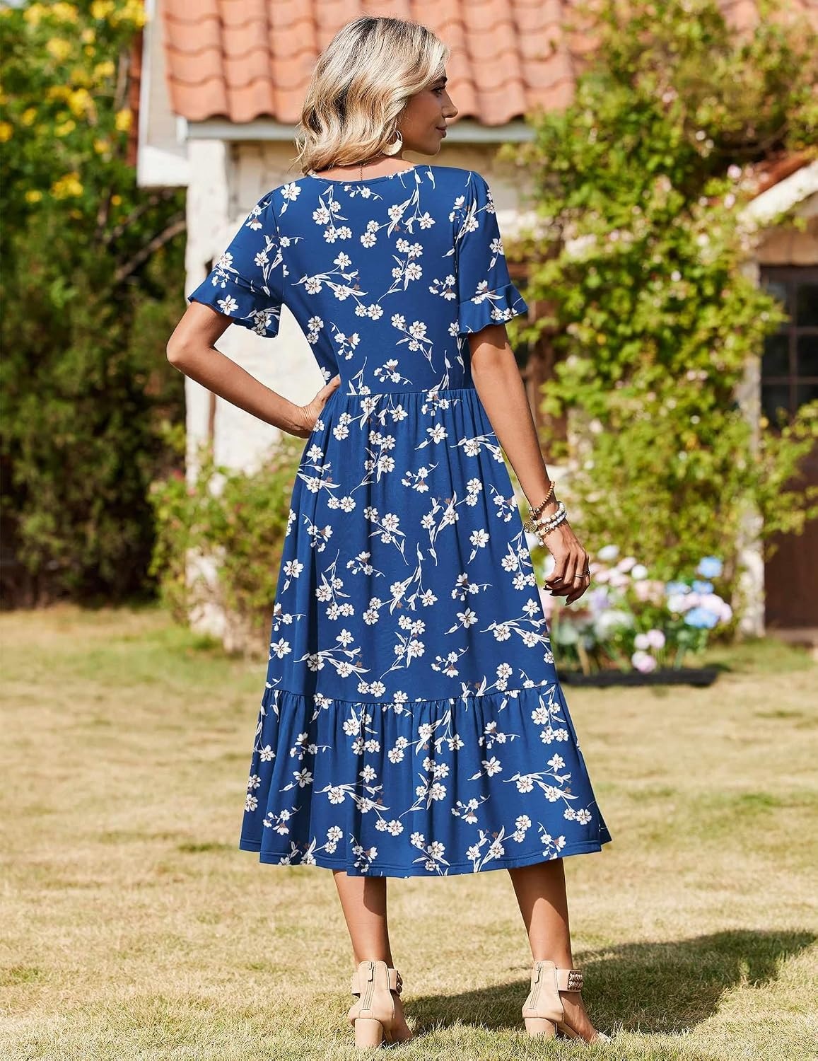 image:imageZeagoo Womens Summer Dresses 2026 Casual Midi Dress Flowy Sundress Ruffle Short Sleeve Tiered Dresses A Line Boho DressNavy Floral 02