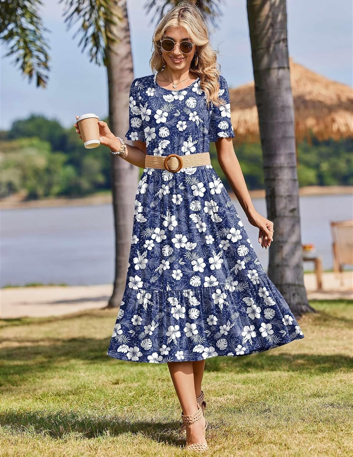 image:imageZeagoo Womens Summer Dresses 2026 Casual Midi Dress Flowy Sundress Ruffle Short Sleeve Tiered Dresses A Line Boho DressNavy Floral 03