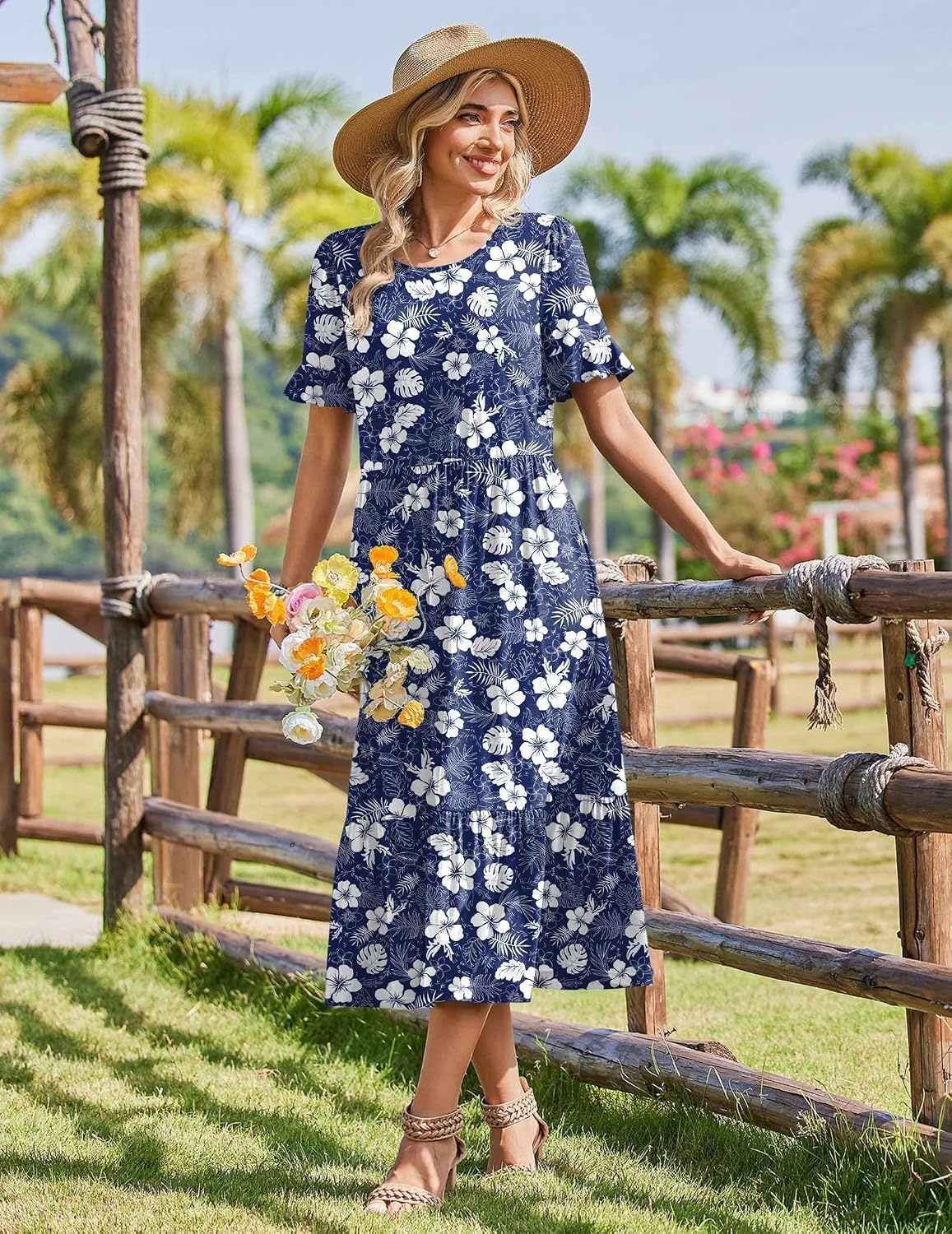 image:imageZeagoo Womens Summer Dresses 2026 Casual Midi Dress Flowy Sundress Ruffle Short Sleeve Tiered Dresses A Line Boho DressNavy Floral 03
