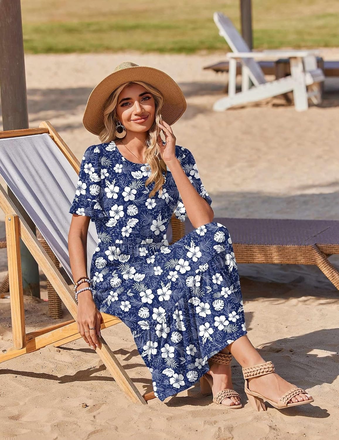 image:imageZeagoo Womens Summer Dresses 2026 Casual Midi Dress Flowy Sundress Ruffle Short Sleeve Tiered Dresses A Line Boho DressNavy Floral 03