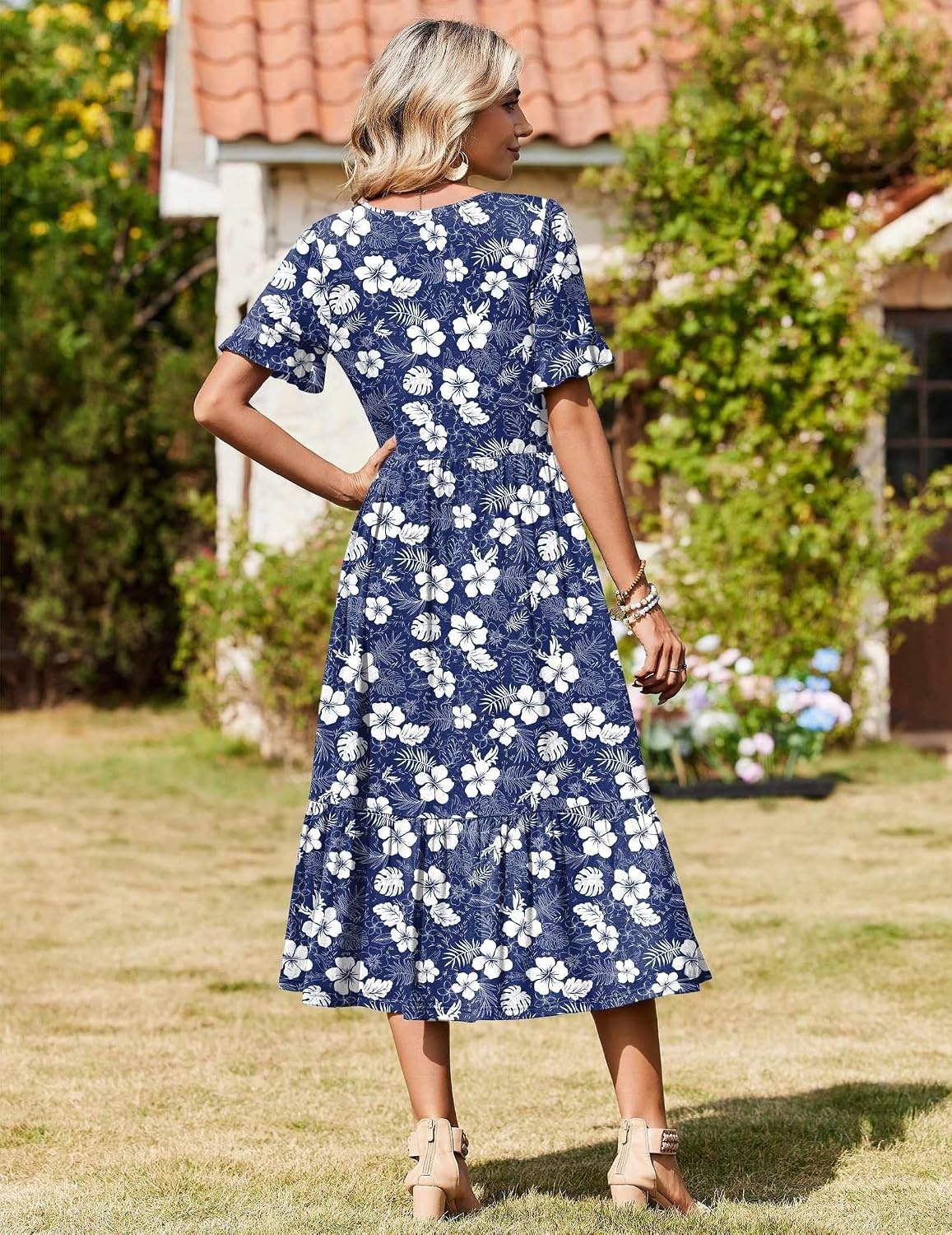 image:imageZeagoo Womens Summer Dresses 2026 Casual Midi Dress Flowy Sundress Ruffle Short Sleeve Tiered Dresses A Line Boho DressNavy Floral 03