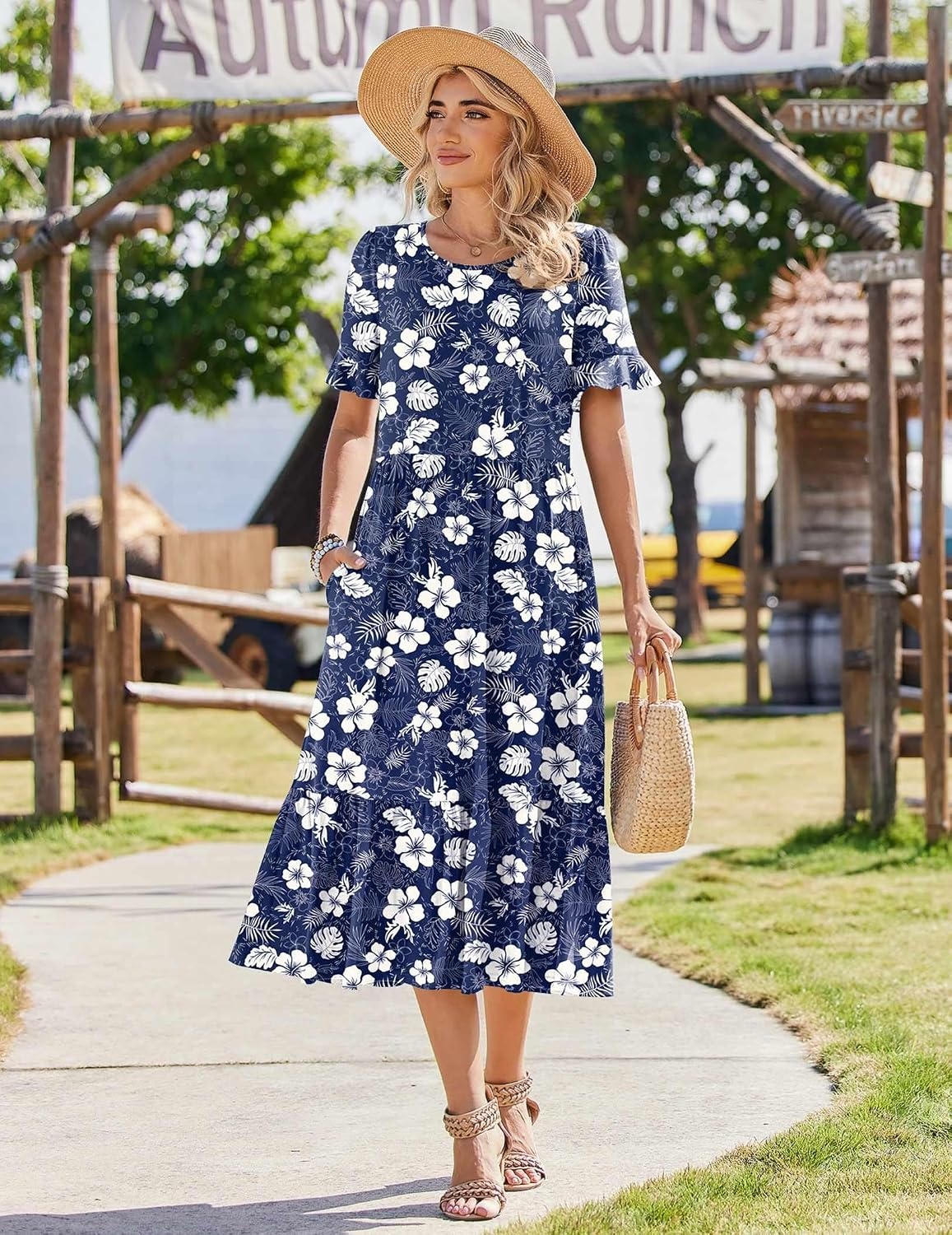 image:imageZeagoo Womens Summer Dresses 2026 Casual Midi Dress Flowy Sundress Ruffle Short Sleeve Tiered Dresses A Line Boho DressNavy Floral 03