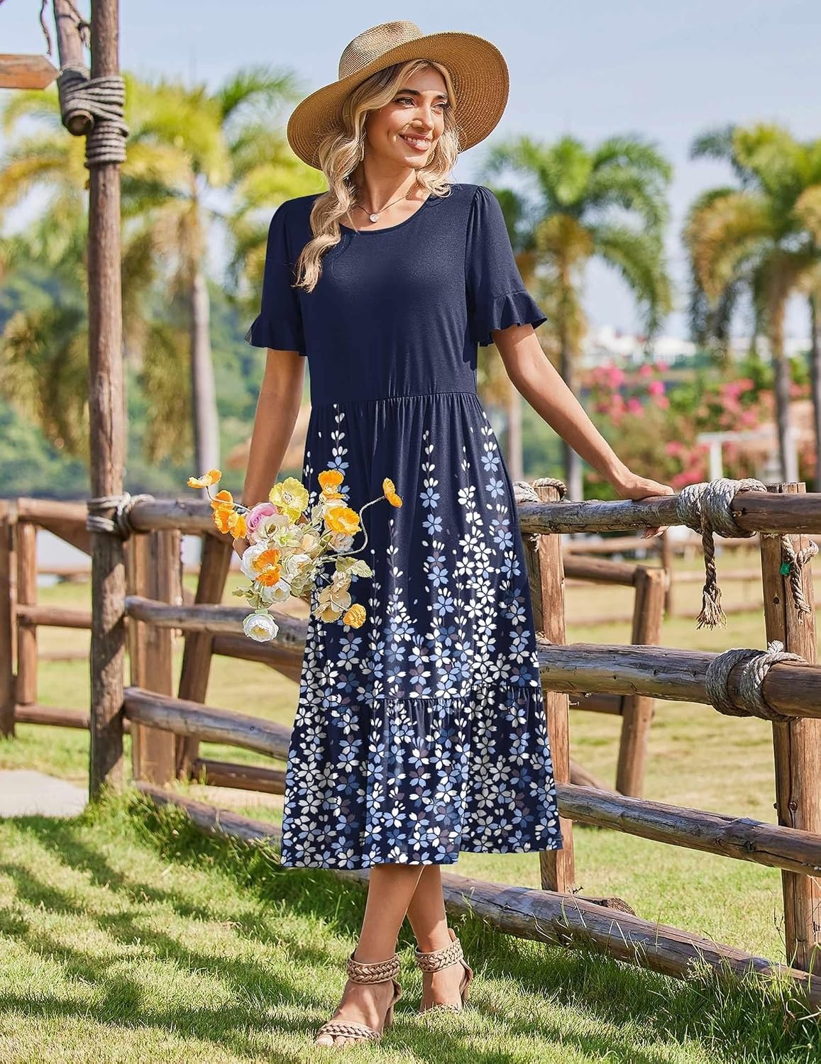 image:imageZeagoo Womens Summer Dresses 2026 Casual Midi Dress Flowy Sundress Ruffle Short Sleeve Tiered Dresses A Line Boho DressNavy Printed