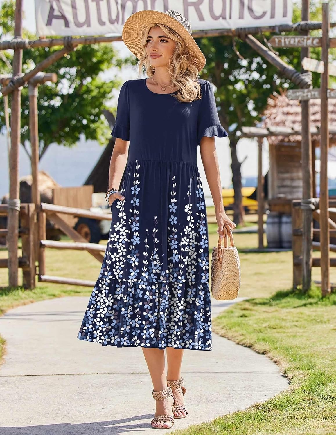 image:imageZeagoo Womens Summer Dresses 2026 Casual Midi Dress Flowy Sundress Ruffle Short Sleeve Tiered Dresses A Line Boho DressNavy Printed