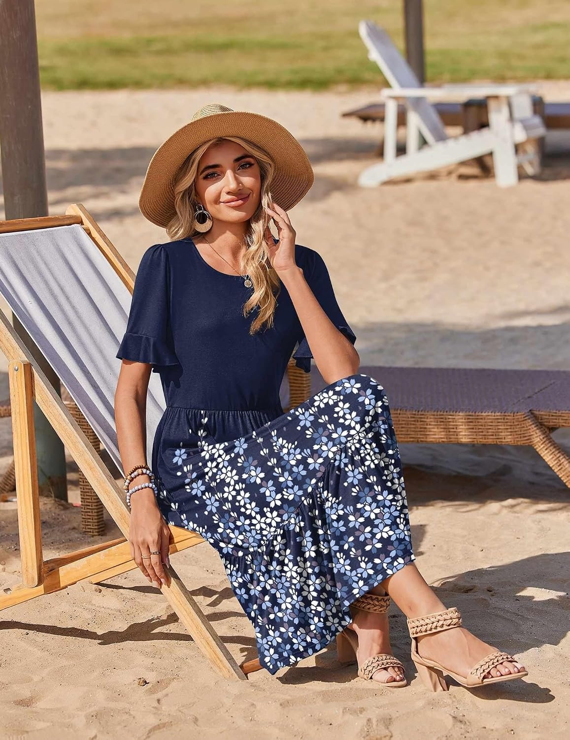 image:imageZeagoo Womens Summer Dresses 2026 Casual Midi Dress Flowy Sundress Ruffle Short Sleeve Tiered Dresses A Line Boho DressNavy Printed