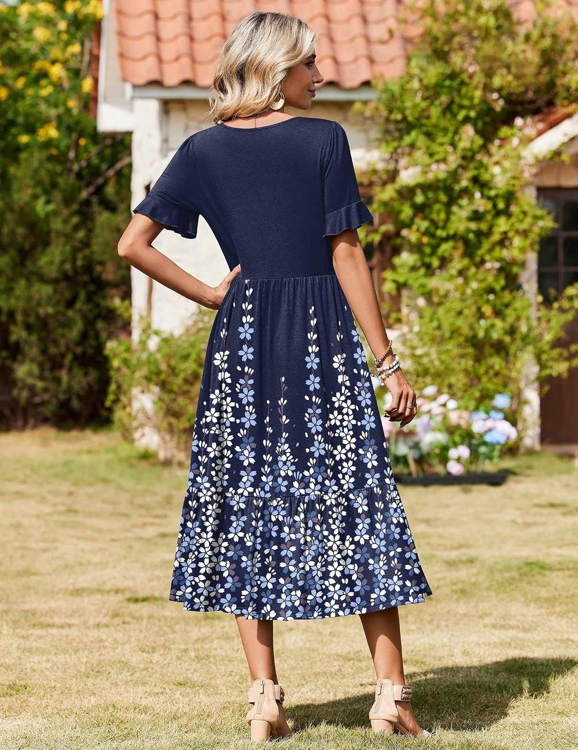 image:imageZeagoo Womens Summer Dresses 2026 Casual Midi Dress Flowy Sundress Ruffle Short Sleeve Tiered Dresses A Line Boho DressNavy Printed