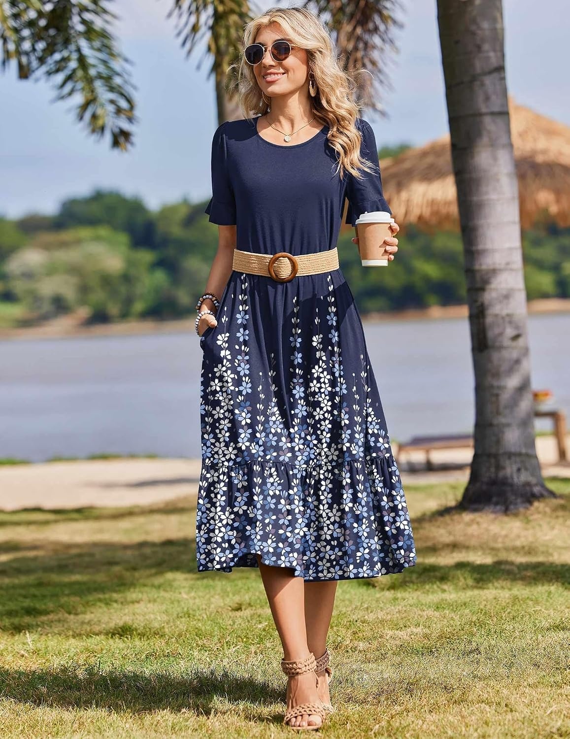 image:imageZeagoo Womens Summer Dresses 2026 Casual Midi Dress Flowy Sundress Ruffle Short Sleeve Tiered Dresses A Line Boho DressNavy Printed