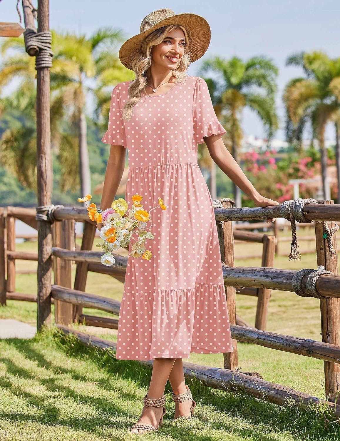 image:imageZeagoo Womens Summer Dresses 2026 Casual Midi Dress Flowy Sundress Ruffle Short Sleeve Tiered Dresses A Line Boho DressPink Dot