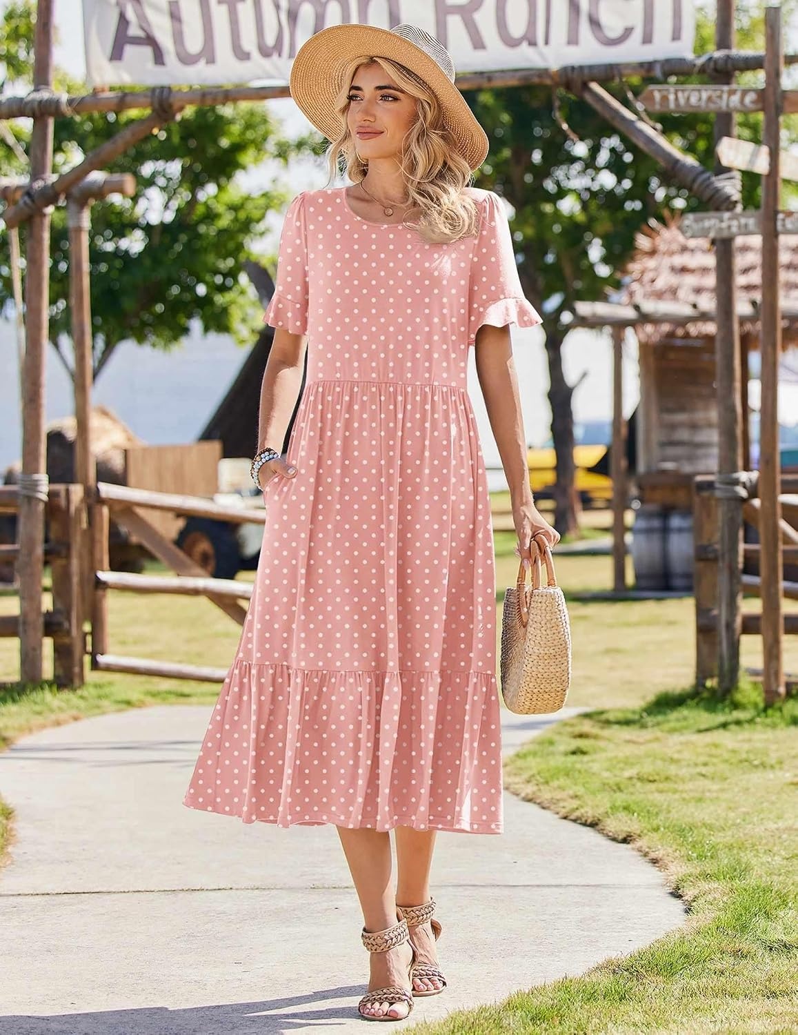 image:imageZeagoo Womens Summer Dresses 2026 Casual Midi Dress Flowy Sundress Ruffle Short Sleeve Tiered Dresses A Line Boho DressPink Dot