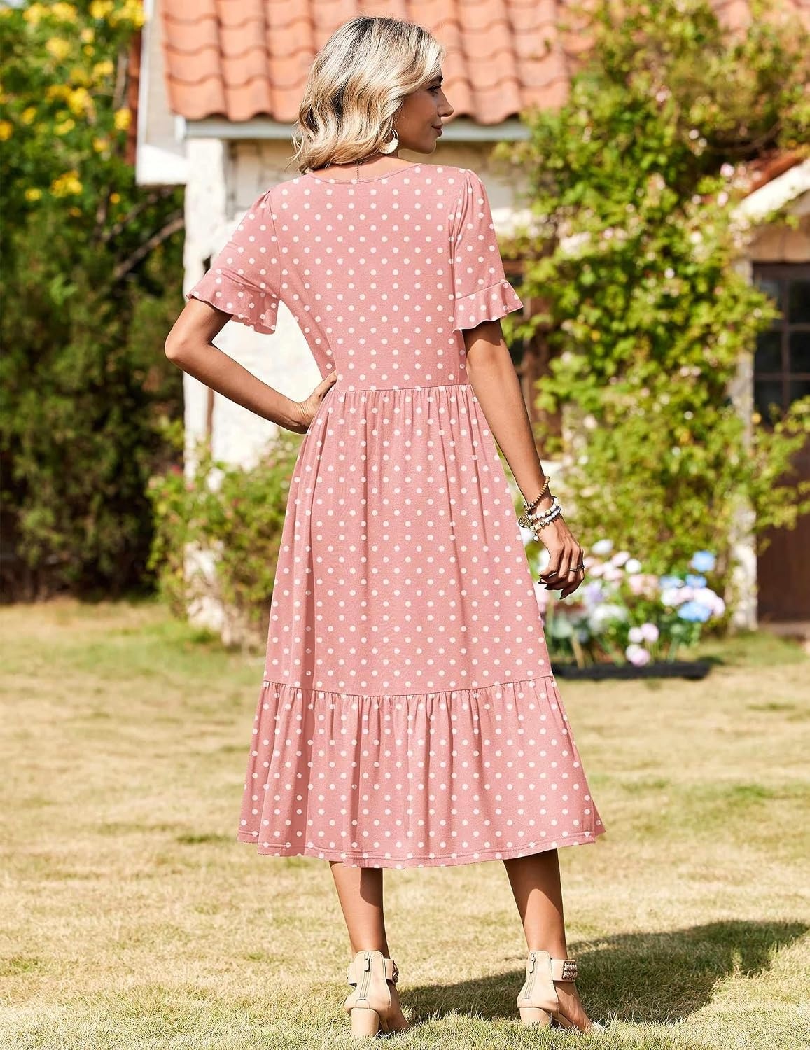 image:imageZeagoo Womens Summer Dresses 2026 Casual Midi Dress Flowy Sundress Ruffle Short Sleeve Tiered Dresses A Line Boho DressPink Dot