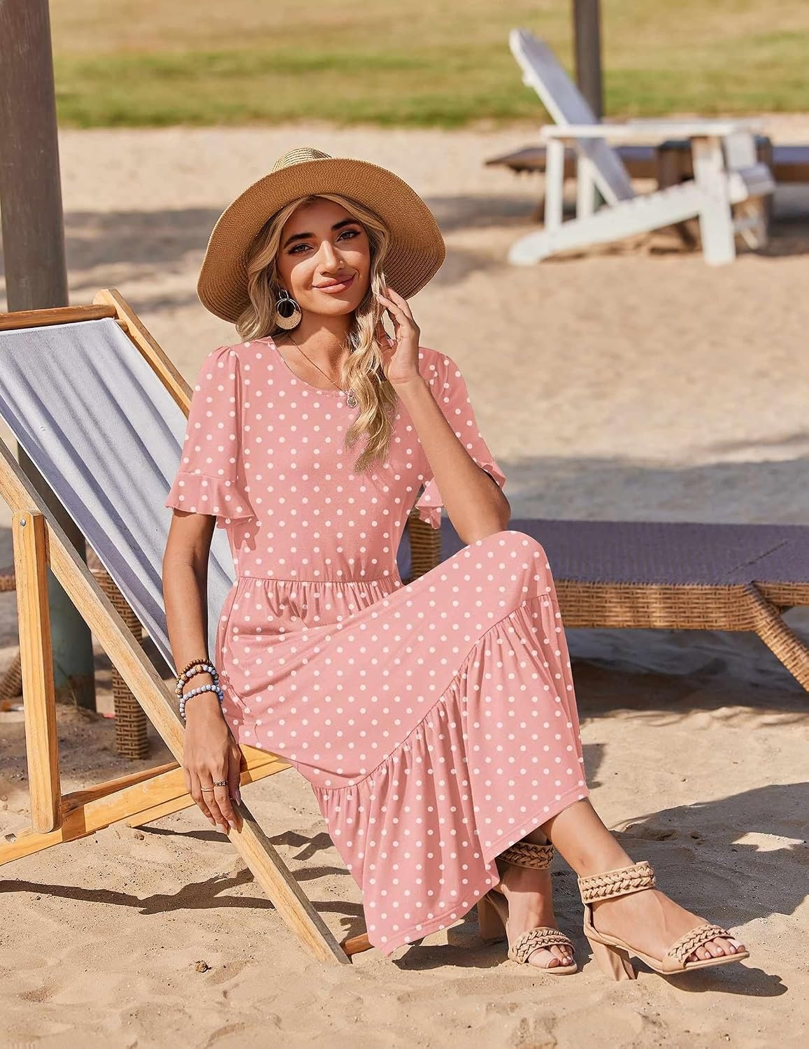 image:imageZeagoo Womens Summer Dresses 2026 Casual Midi Dress Flowy Sundress Ruffle Short Sleeve Tiered Dresses A Line Boho DressPink Dot