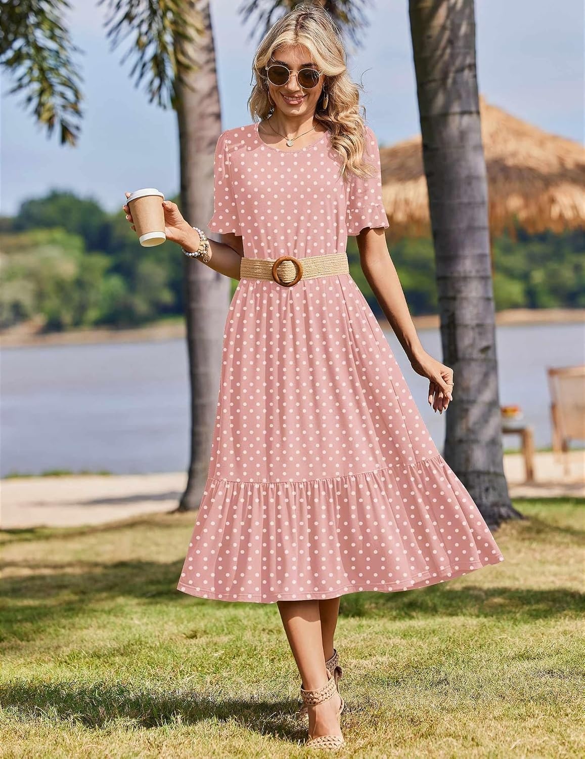 image:imageZeagoo Womens Summer Dresses 2026 Casual Midi Dress Flowy Sundress Ruffle Short Sleeve Tiered Dresses A Line Boho DressPink Dot