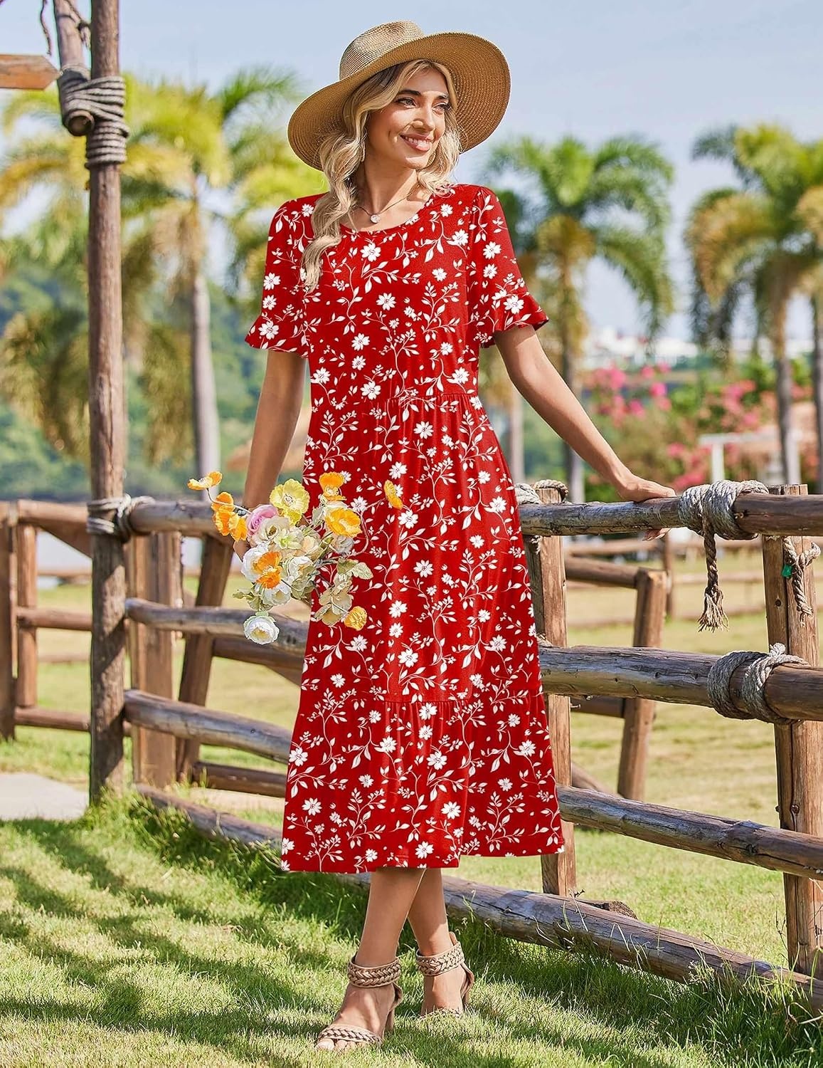 image:imageZeagoo Womens Summer Dresses 2026 Casual Midi Dress Flowy Sundress Ruffle Short Sleeve Tiered Dresses A Line Boho DressRed Floral