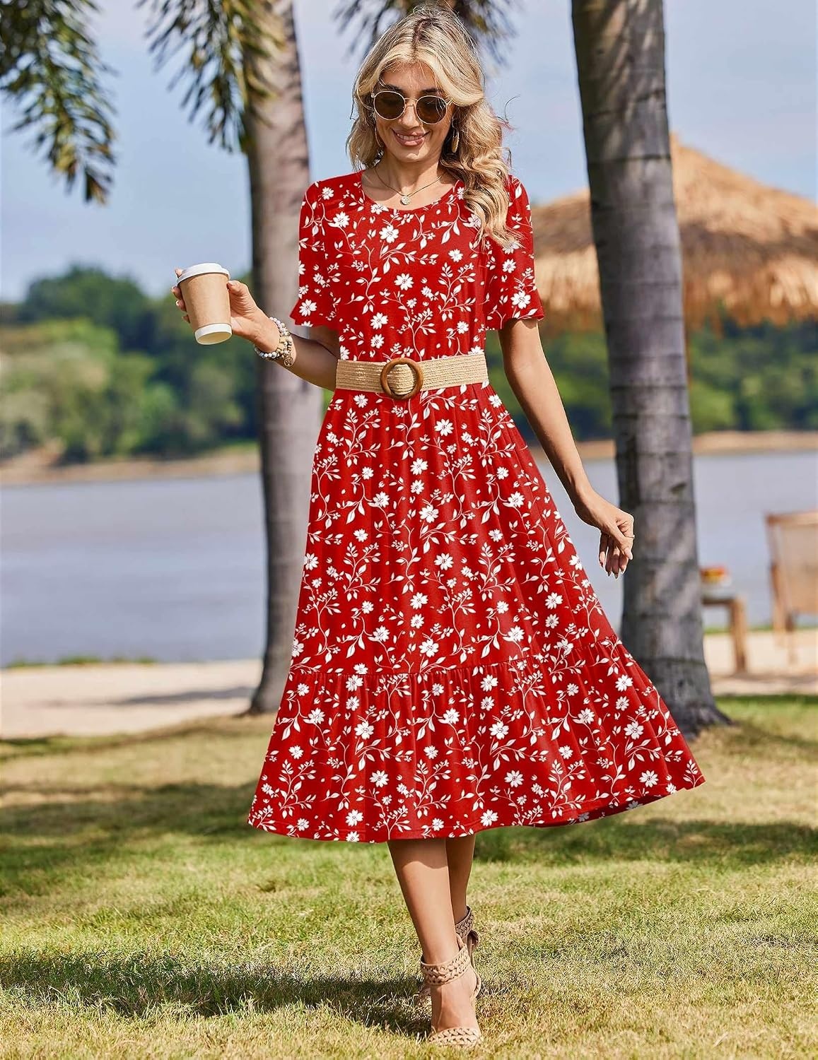 image:imageZeagoo Womens Summer Dresses 2026 Casual Midi Dress Flowy Sundress Ruffle Short Sleeve Tiered Dresses A Line Boho DressRed Floral