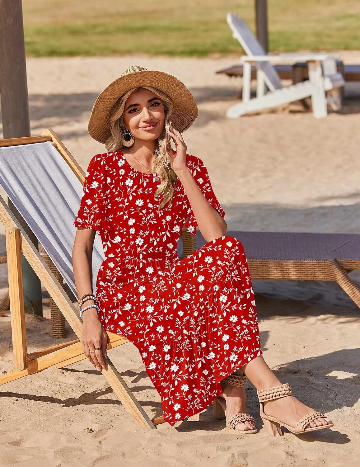 image:imageZeagoo Womens Summer Dresses 2026 Casual Midi Dress Flowy Sundress Ruffle Short Sleeve Tiered Dresses A Line Boho DressRed Floral