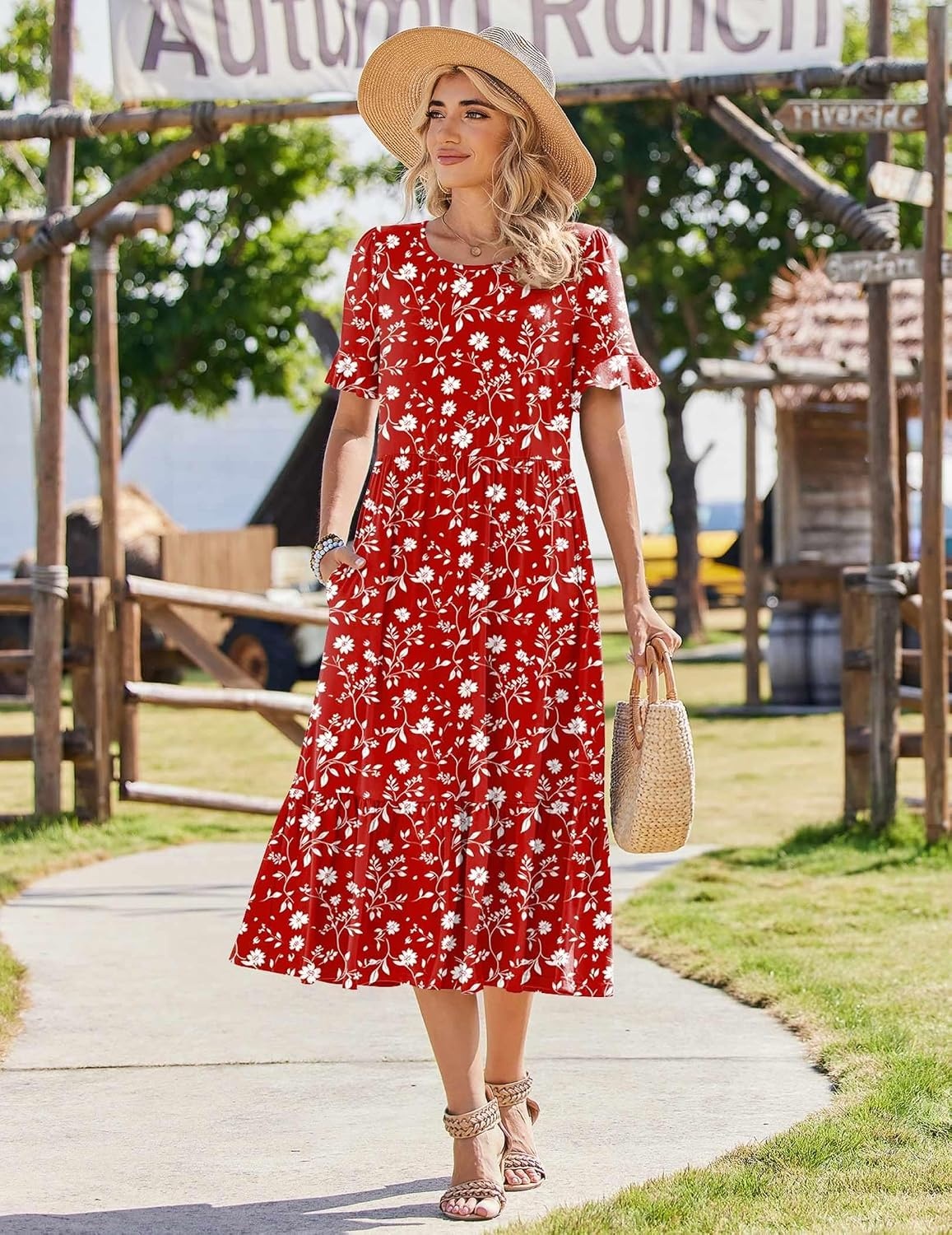 image:imageZeagoo Womens Summer Dresses 2026 Casual Midi Dress Flowy Sundress Ruffle Short Sleeve Tiered Dresses A Line Boho DressRed Floral