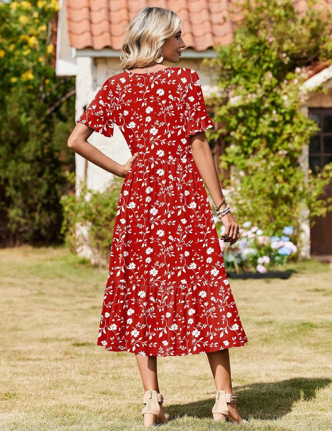 image:imageZeagoo Womens Summer Dresses 2026 Casual Midi Dress Flowy Sundress Ruffle Short Sleeve Tiered Dresses A Line Boho DressRed Floral