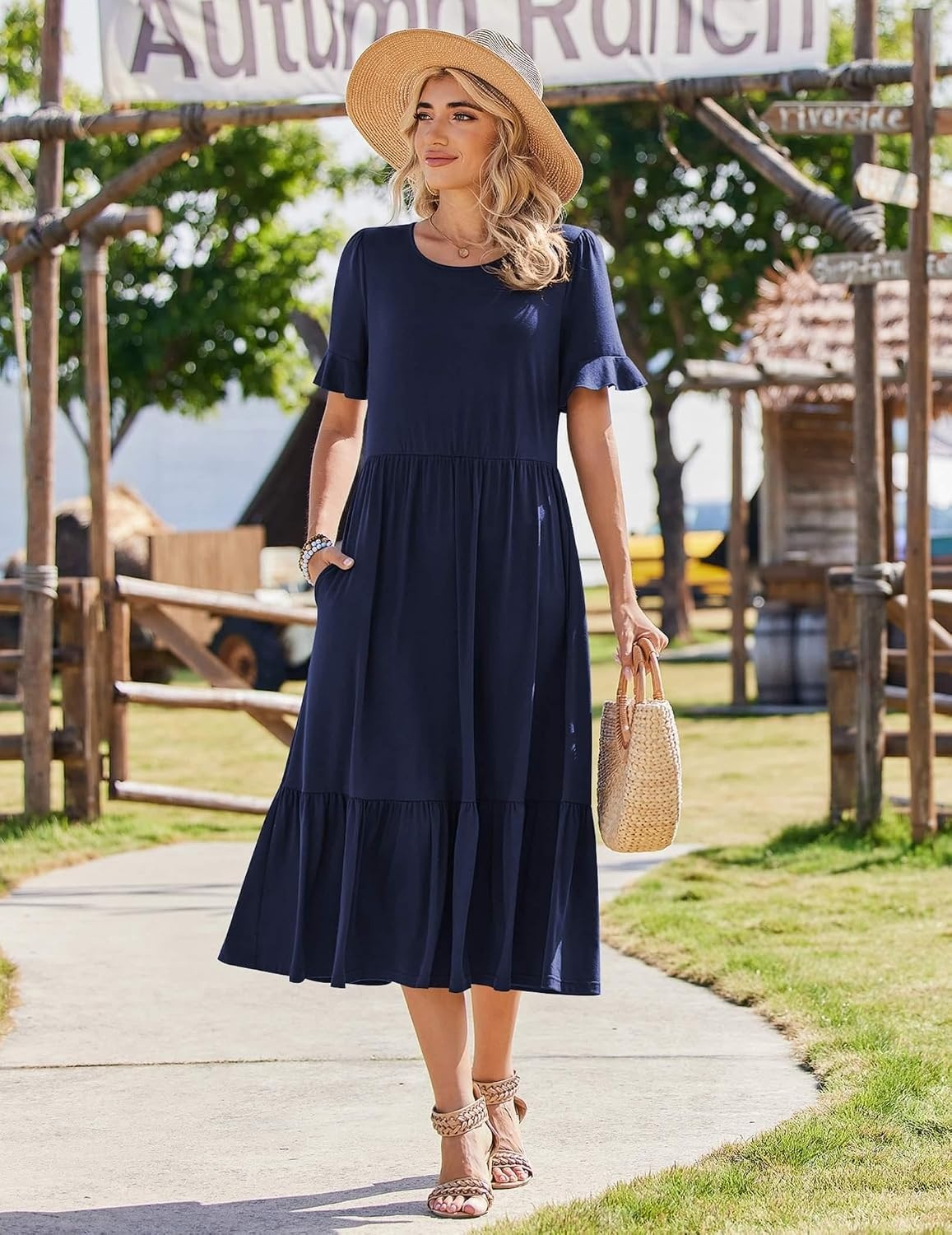 image:imageZeagoo Womens Summer Dresses 2026 Casual Midi Dress Flowy Sundress Ruffle Short Sleeve Tiered Dresses A Line Boho DressSolid Navy