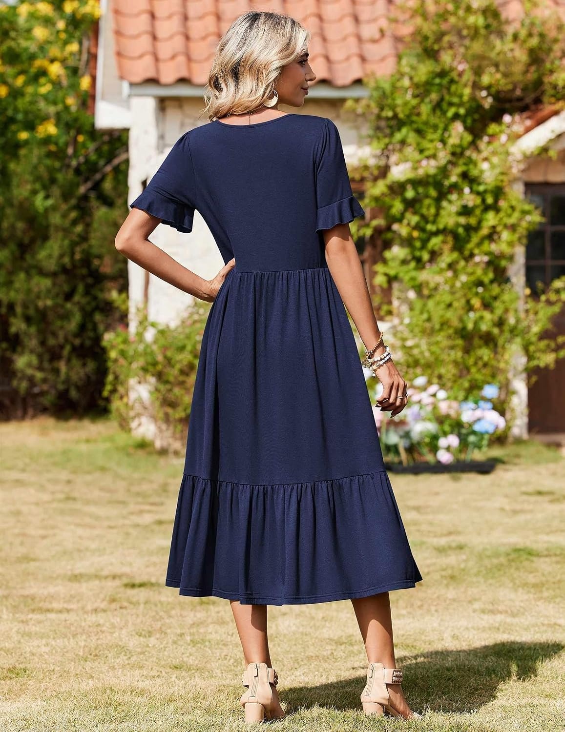 image:imageZeagoo Womens Summer Dresses 2026 Casual Midi Dress Flowy Sundress Ruffle Short Sleeve Tiered Dresses A Line Boho DressSolid Navy