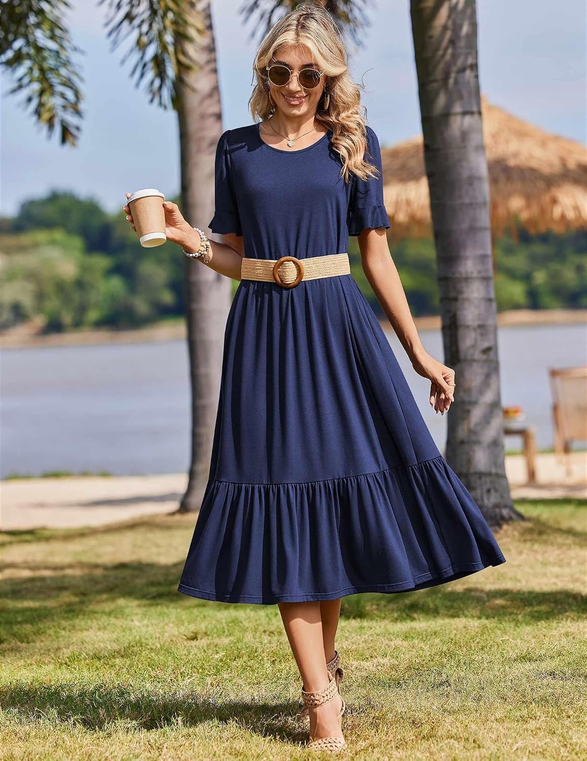 image:imageZeagoo Womens Summer Dresses 2026 Casual Midi Dress Flowy Sundress Ruffle Short Sleeve Tiered Dresses A Line Boho DressSolid Navy