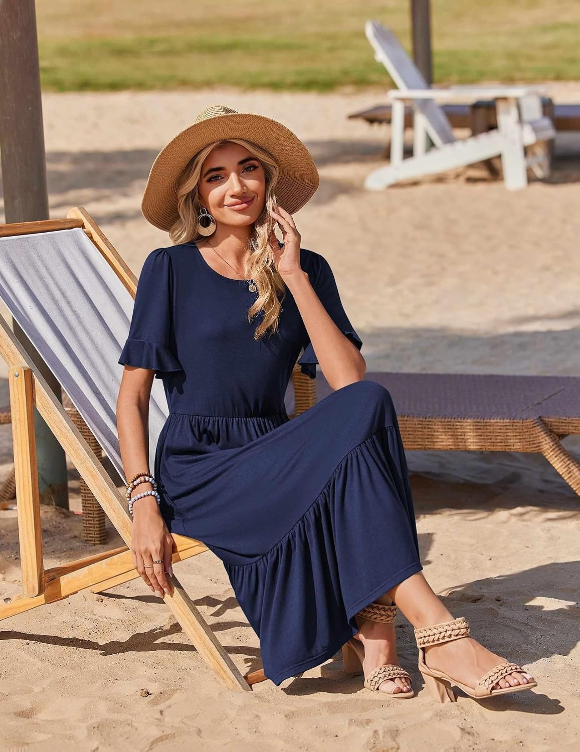 image:imageZeagoo Womens Summer Dresses 2026 Casual Midi Dress Flowy Sundress Ruffle Short Sleeve Tiered Dresses A Line Boho DressSolid Navy