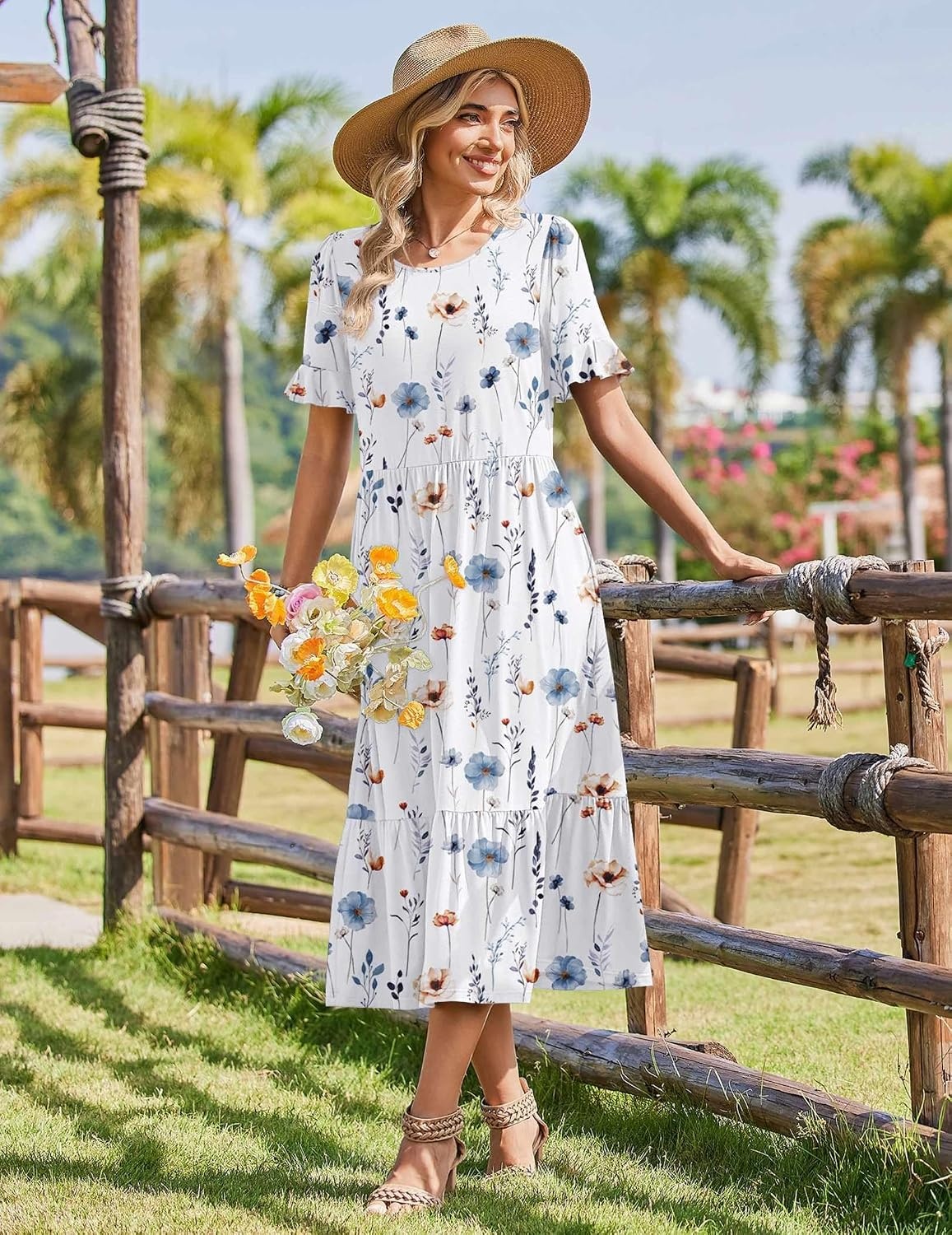 image:imageZeagoo Womens Summer Dresses 2026 Casual Midi Dress Flowy Sundress Ruffle Short Sleeve Tiered Dresses A Line Boho DressWhite Floral