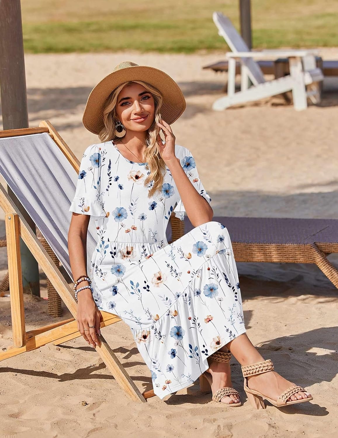 image:imageZeagoo Womens Summer Dresses 2026 Casual Midi Dress Flowy Sundress Ruffle Short Sleeve Tiered Dresses A Line Boho DressWhite Floral