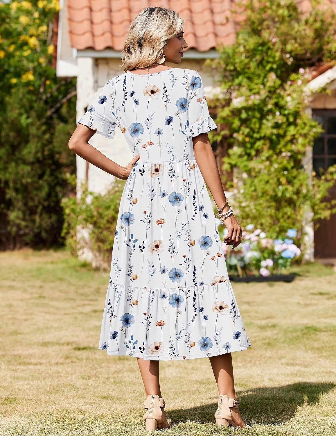 image:imageZeagoo Womens Summer Dresses 2026 Casual Midi Dress Flowy Sundress Ruffle Short Sleeve Tiered Dresses A Line Boho DressWhite Floral