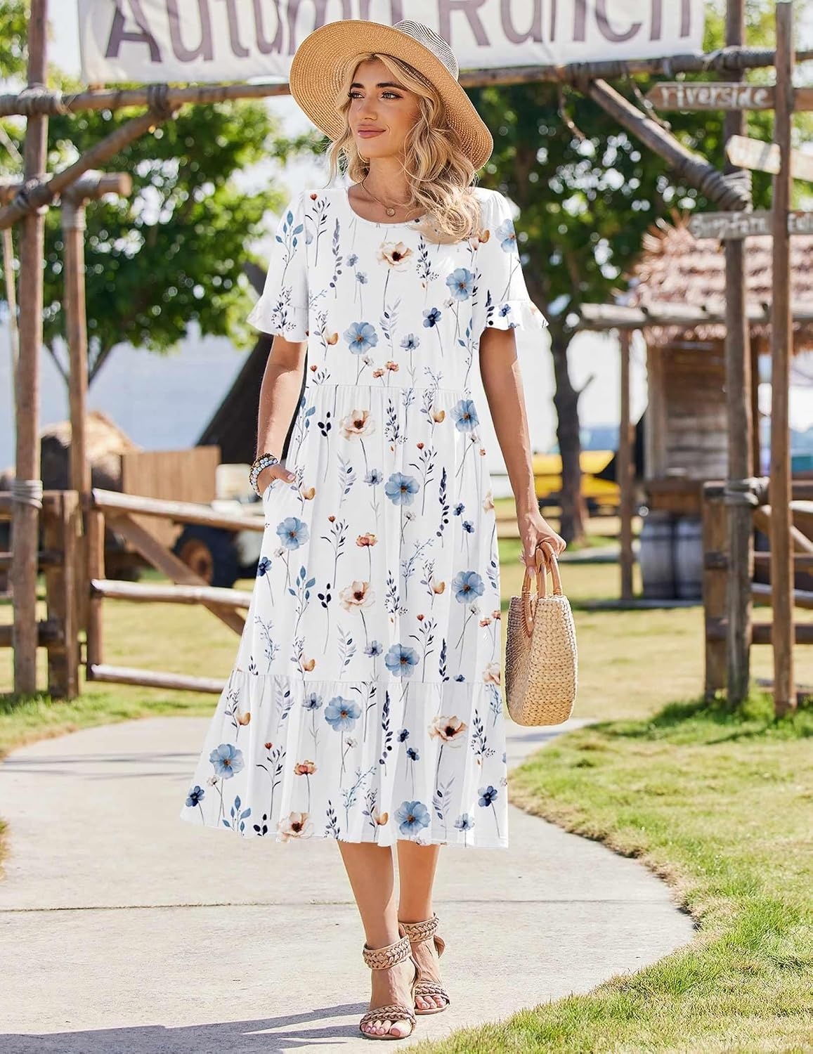 image:imageZeagoo Womens Summer Dresses 2026 Casual Midi Dress Flowy Sundress Ruffle Short Sleeve Tiered Dresses A Line Boho DressWhite Floral