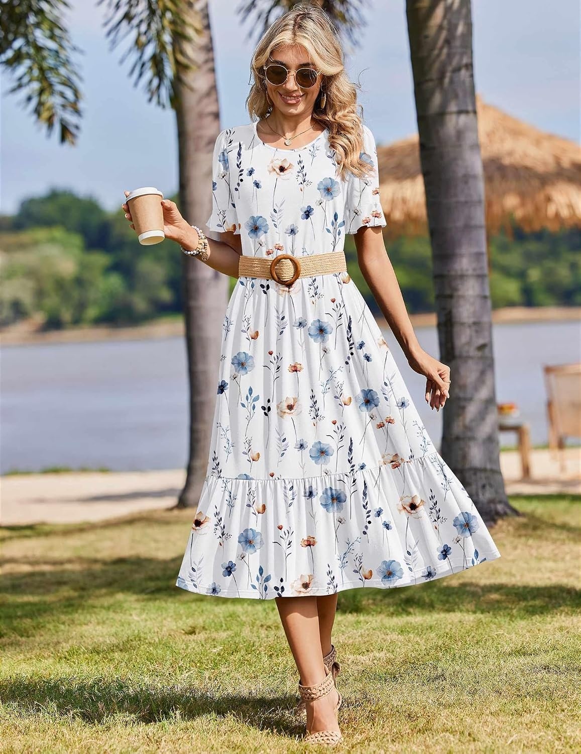 image:imageZeagoo Womens Summer Dresses 2026 Casual Midi Dress Flowy Sundress Ruffle Short Sleeve Tiered Dresses A Line Boho DressWhite Floral