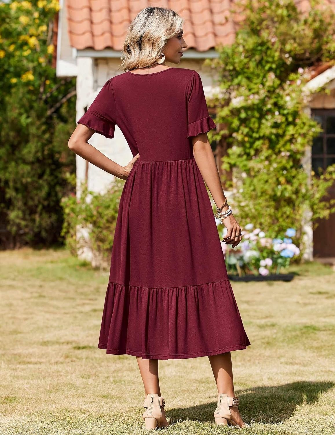 image:imageZeagoo Womens Summer Dresses 2026 Casual Midi Dress Flowy Sundress Ruffle Short Sleeve Tiered Dresses A Line Boho DressWine Red