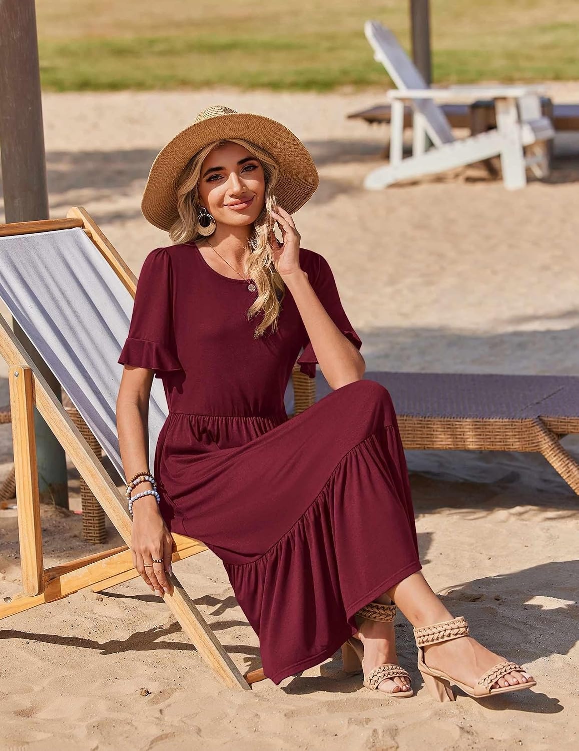 image:imageZeagoo Womens Summer Dresses 2026 Casual Midi Dress Flowy Sundress Ruffle Short Sleeve Tiered Dresses A Line Boho DressWine Red
