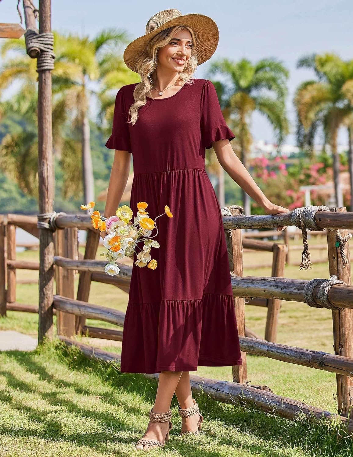 image:imageZeagoo Womens Summer Dresses 2026 Casual Midi Dress Flowy Sundress Ruffle Short Sleeve Tiered Dresses A Line Boho DressWine Red