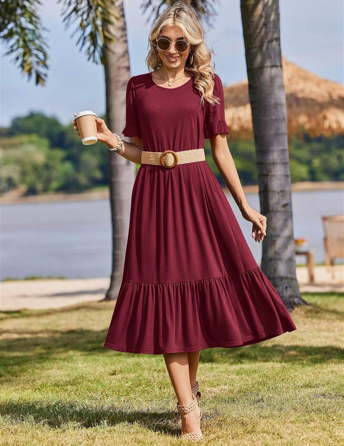 image:imageZeagoo Womens Summer Dresses 2026 Casual Midi Dress Flowy Sundress Ruffle Short Sleeve Tiered Dresses A Line Boho DressWine Red