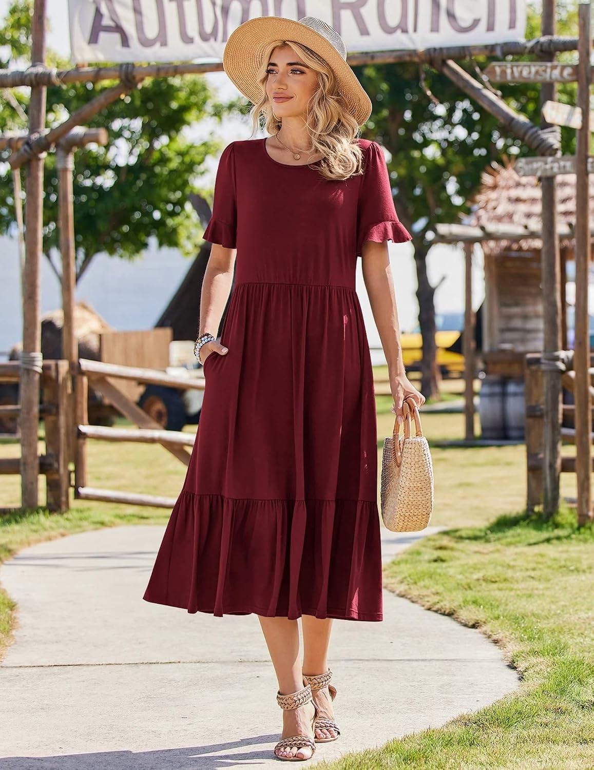 image:imageZeagoo Womens Summer Dresses 2026 Casual Midi Dress Flowy Sundress Ruffle Short Sleeve Tiered Dresses A Line Boho DressWine Red