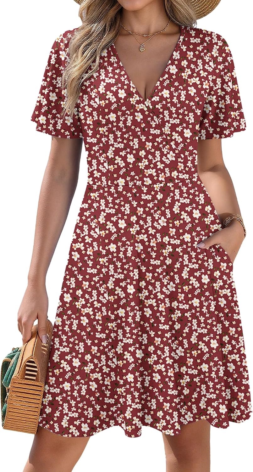 image:imageZeagoo Womens Summer Dresses Wrap V Neck Dress Floral ALine Ruffle Sleeve Casual Sundress with Pockets 202601ared Floral 1