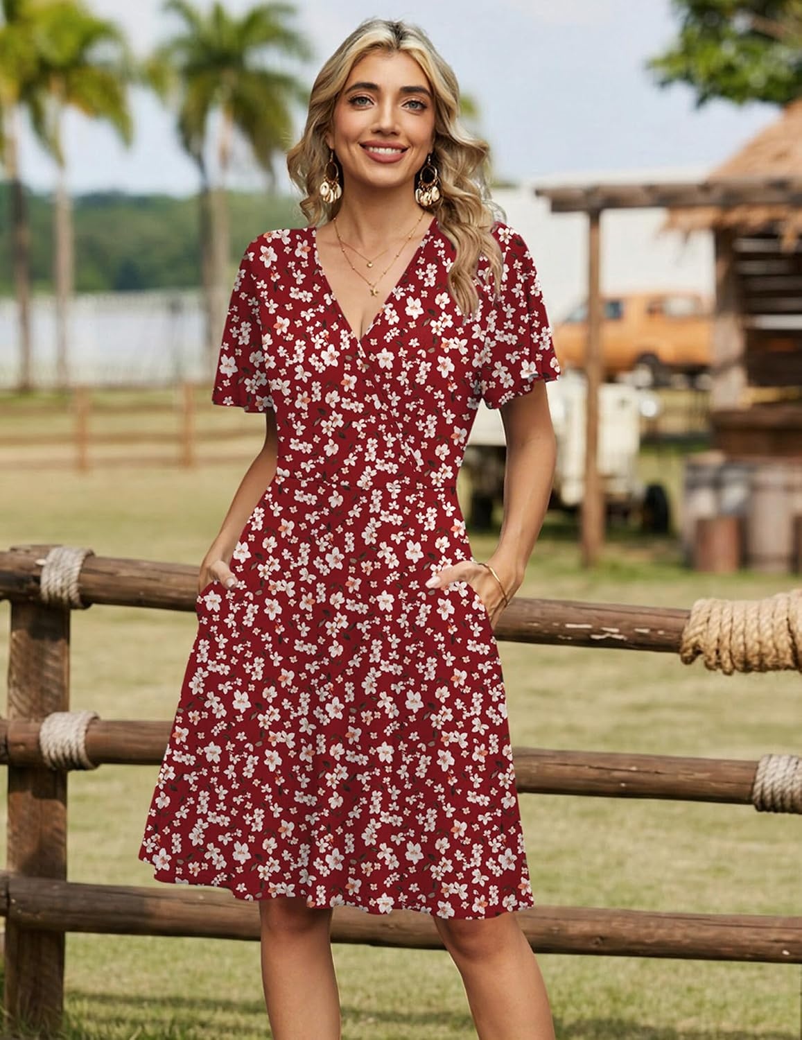 image:imageZeagoo Womens Summer Dresses Wrap V Neck Dress Floral ALine Ruffle Sleeve Casual Sundress with Pockets 202601ared Floral 1